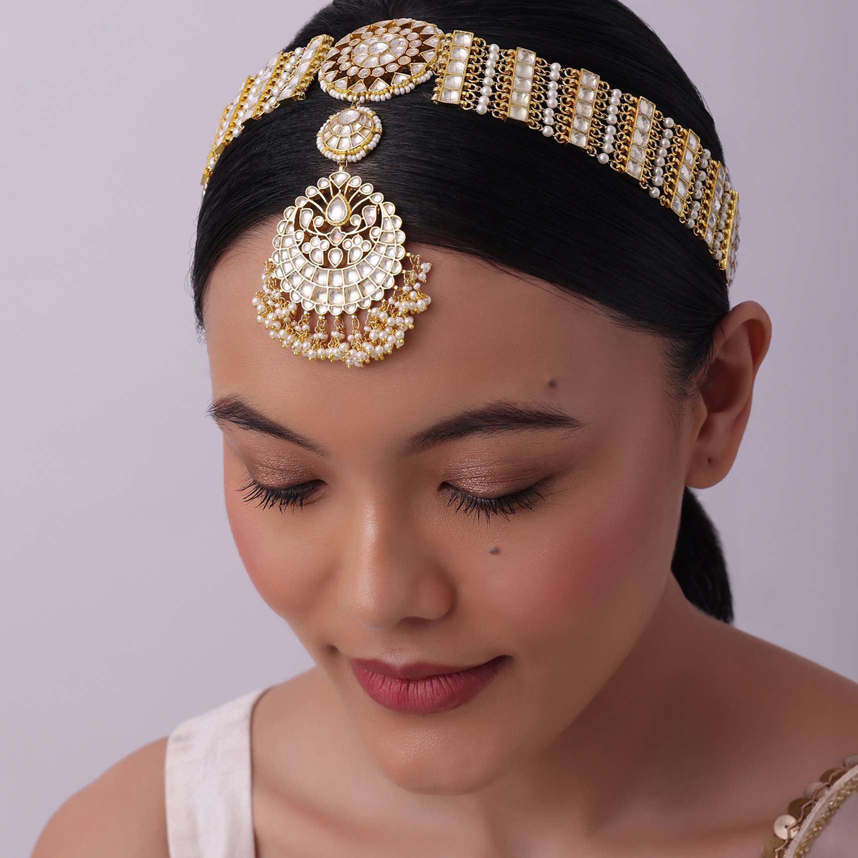 White Pearl Drop Sheeshphool In Gold Finish Mix Metal