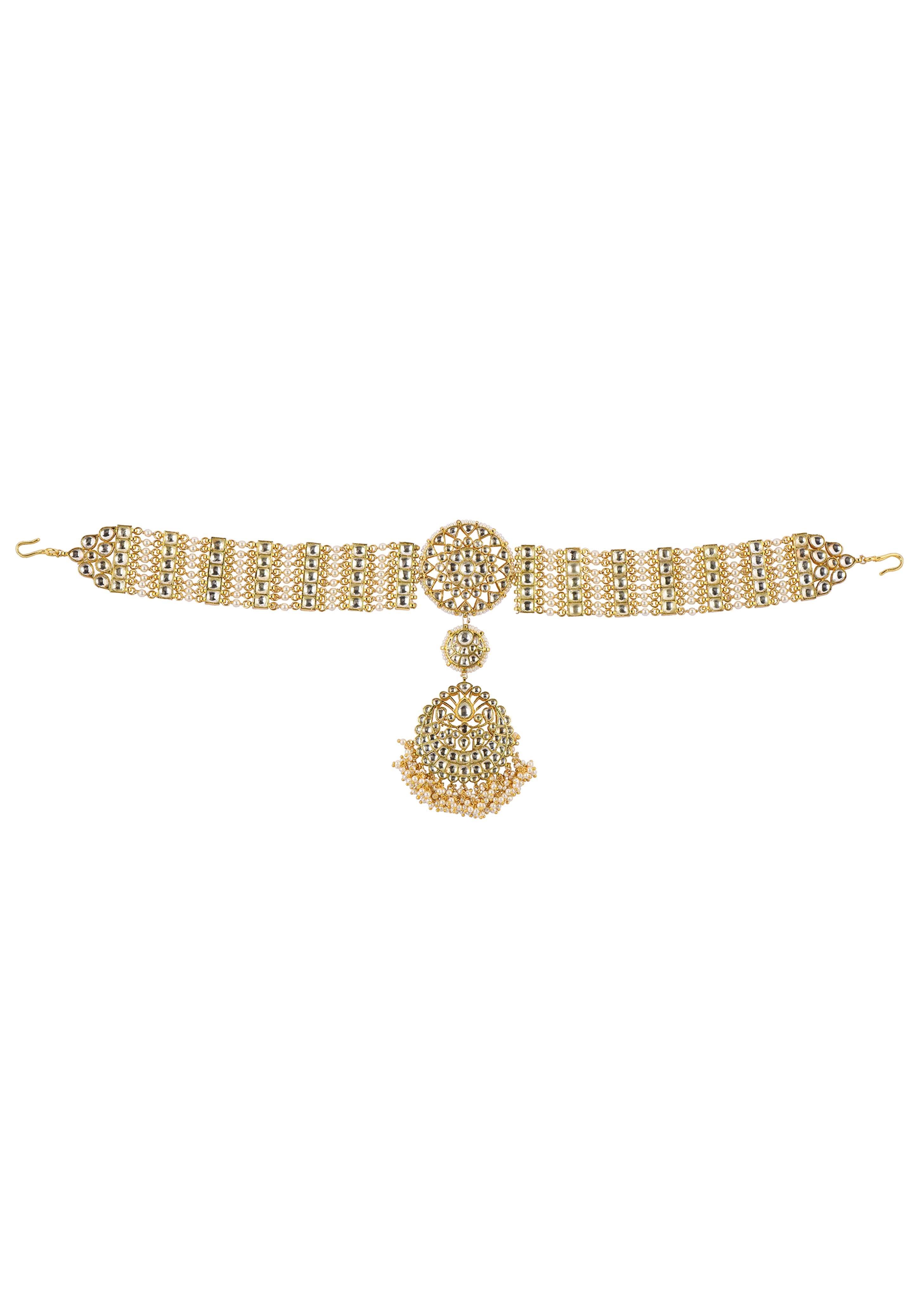 White Pearl Drop Sheeshphool In Gold Finish Mix Metal - Image 2