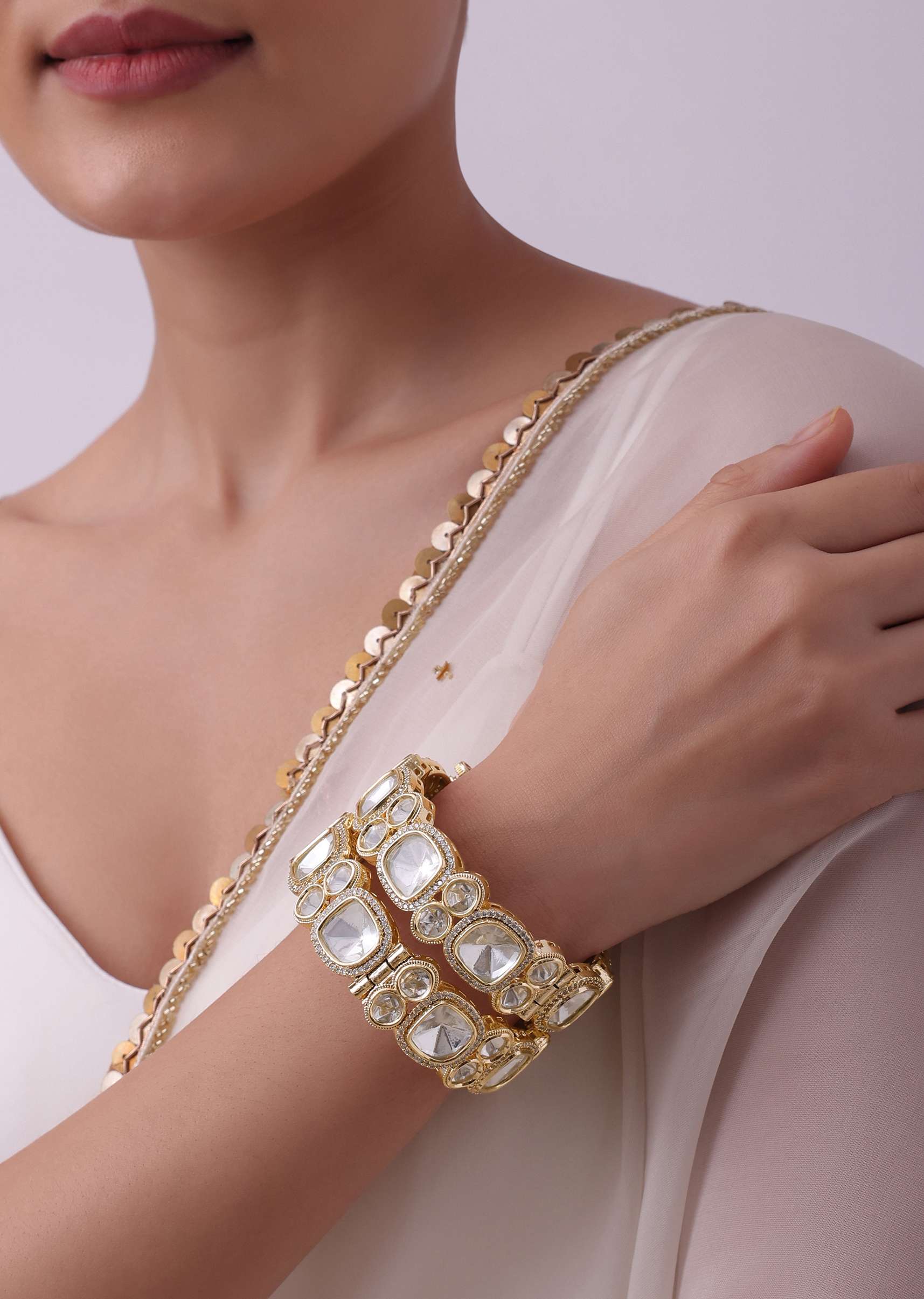 White Polki Studded Kundan Bangles Set of 2 - Image 5