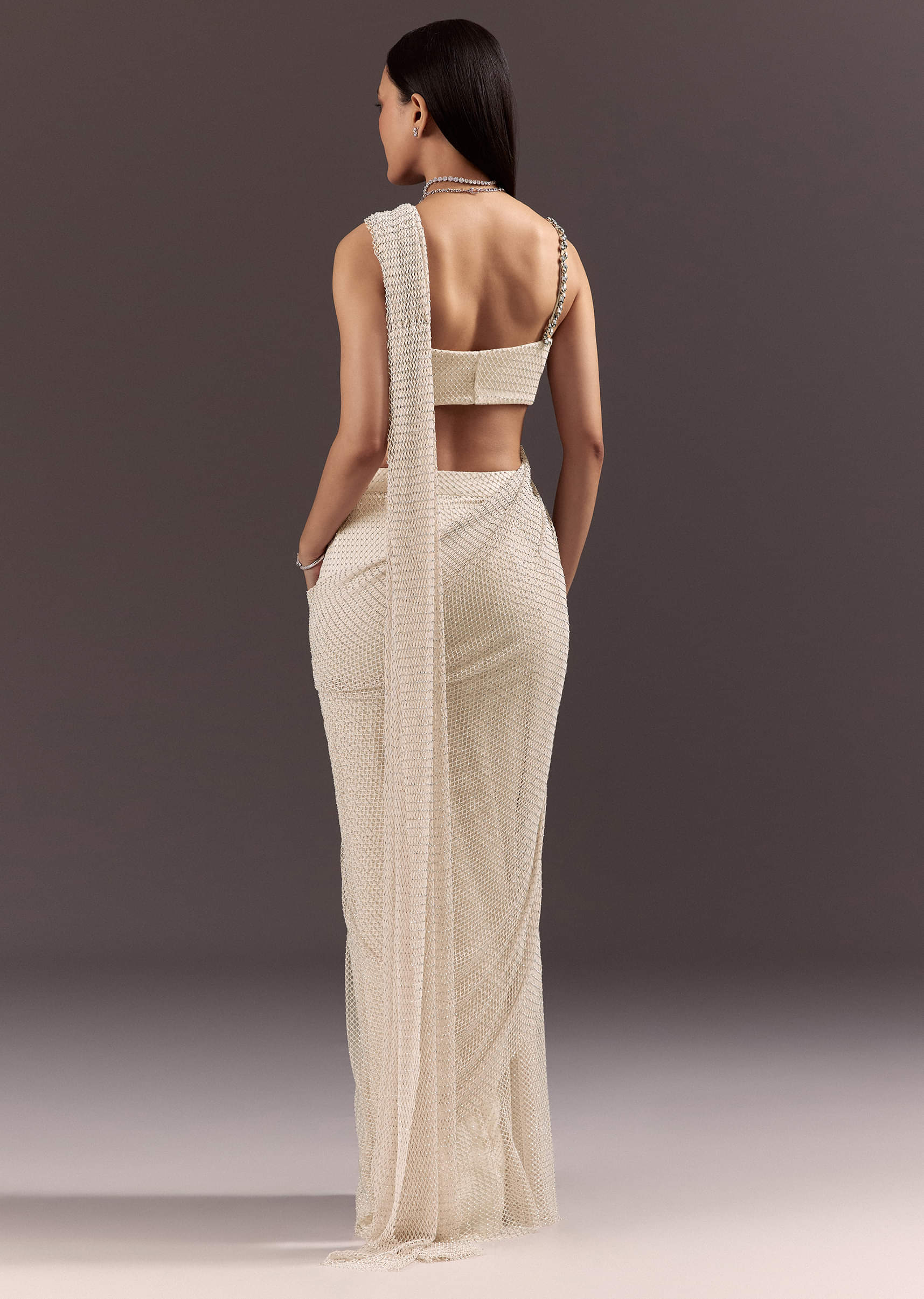 White Pre Draped Saree With Crystal Work And Cowl Blouse - Image 6