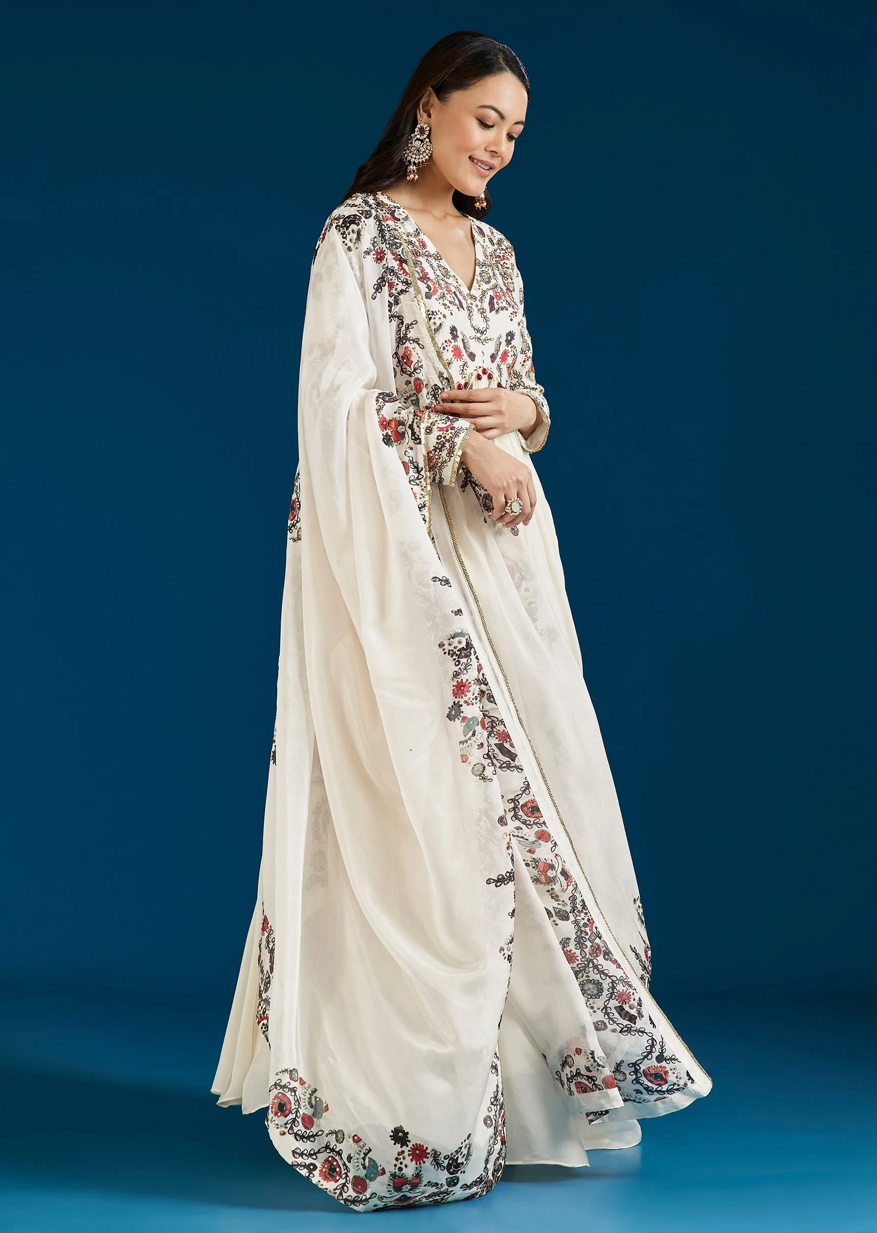 White Printed Chinon Anarkali Suit With Dupatta - Image 3