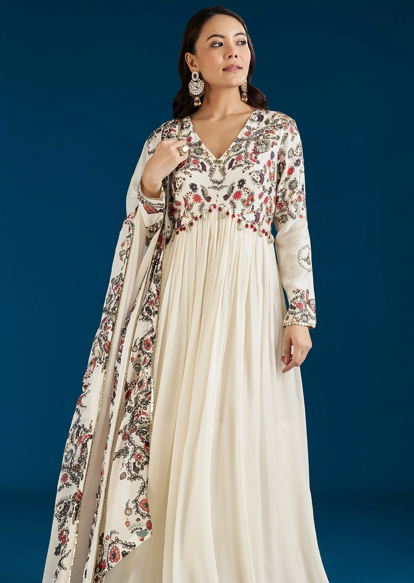 White Printed Chinon Anarkali Suit With Dupatta - Image 4