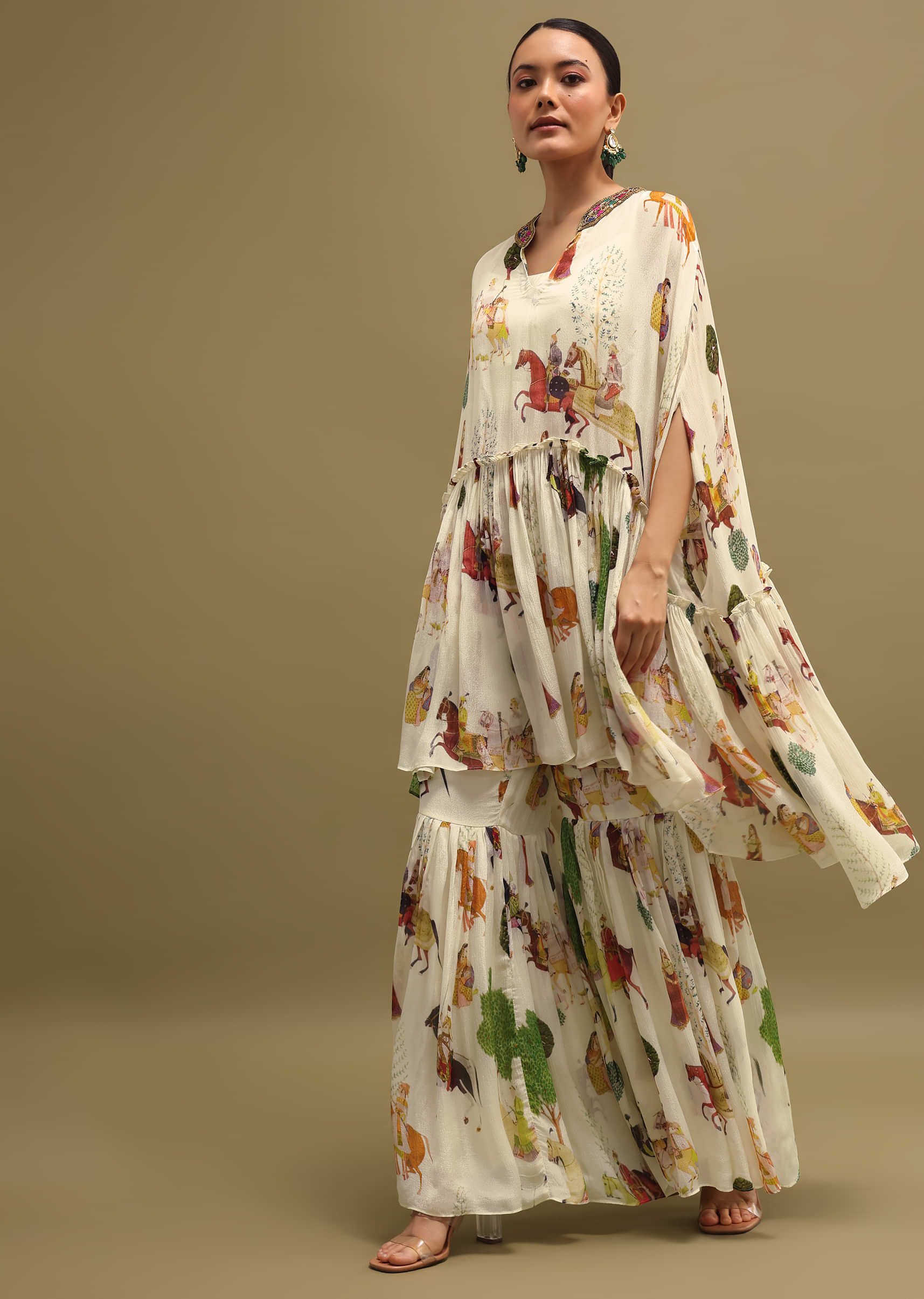 White Printed Georgette Crop Top And Sharara Set - Image 3