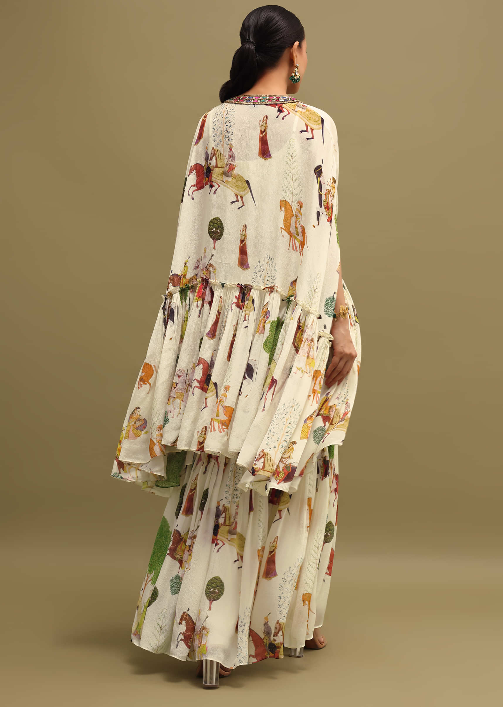 White Printed Georgette Crop Top And Sharara Set - Image 5