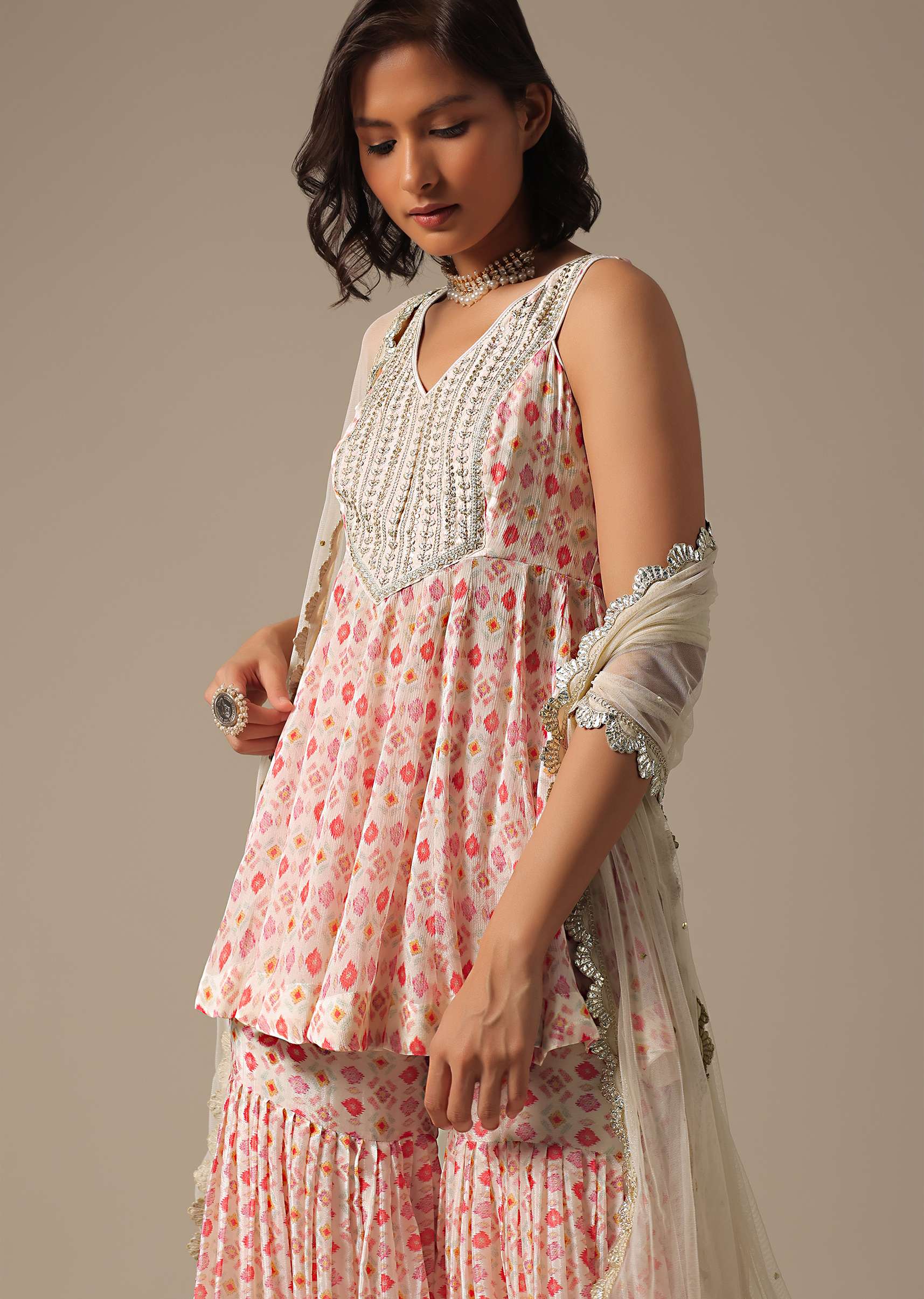 White Printed Sharara Set With Sequin Work - Image 5