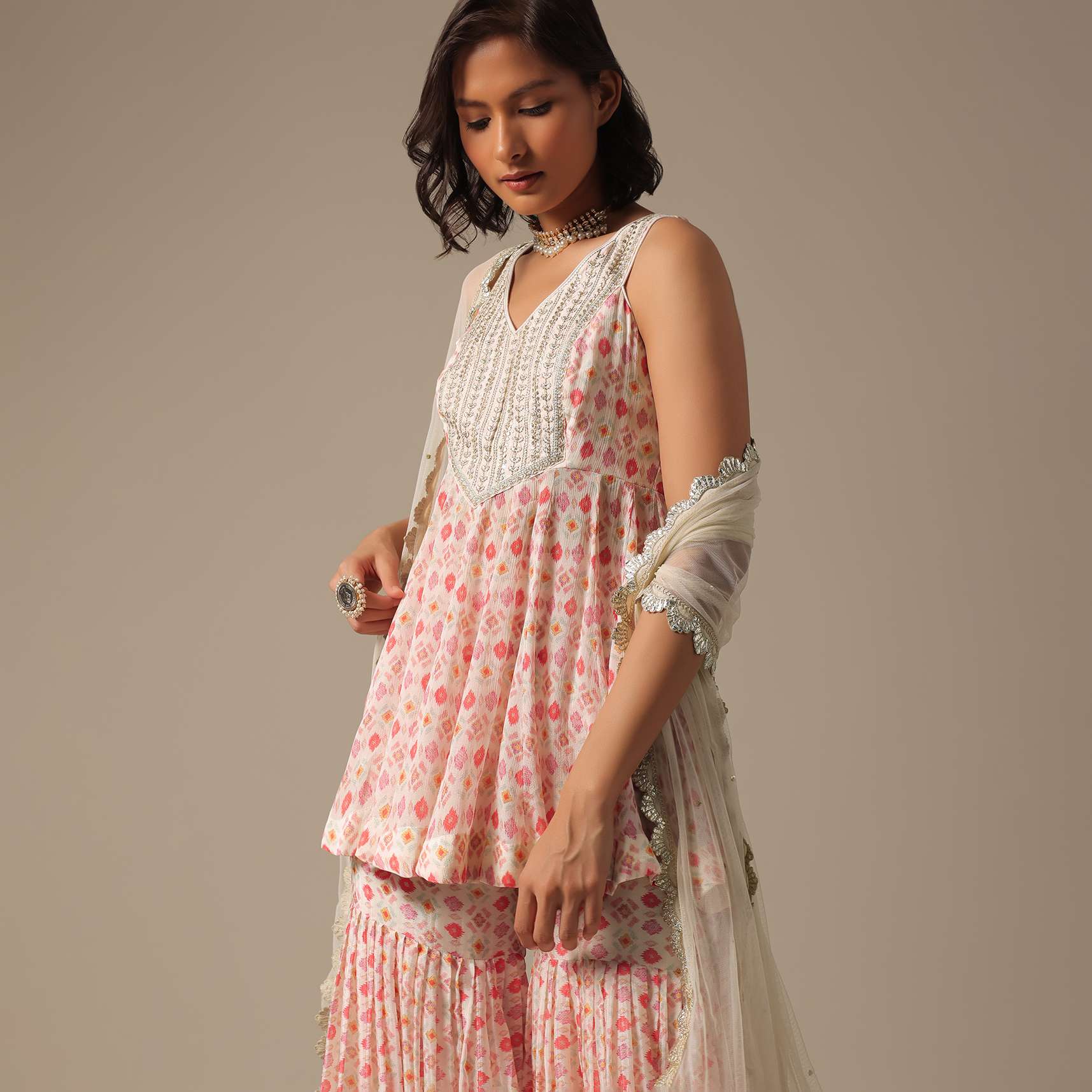 White Printed Sharara Set With Sequin Work - Image 6