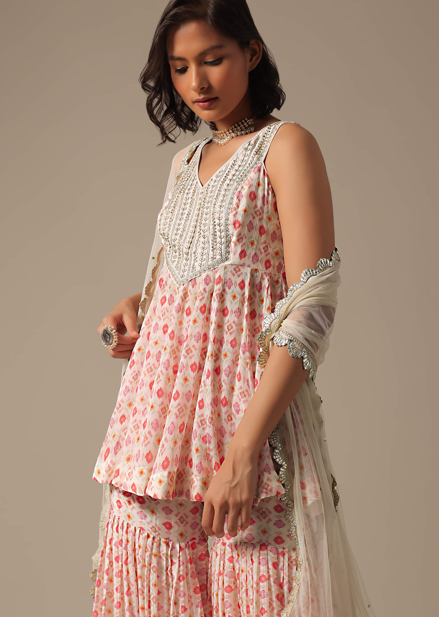 White Printed Sharara Set With Sequin Work - Image 9