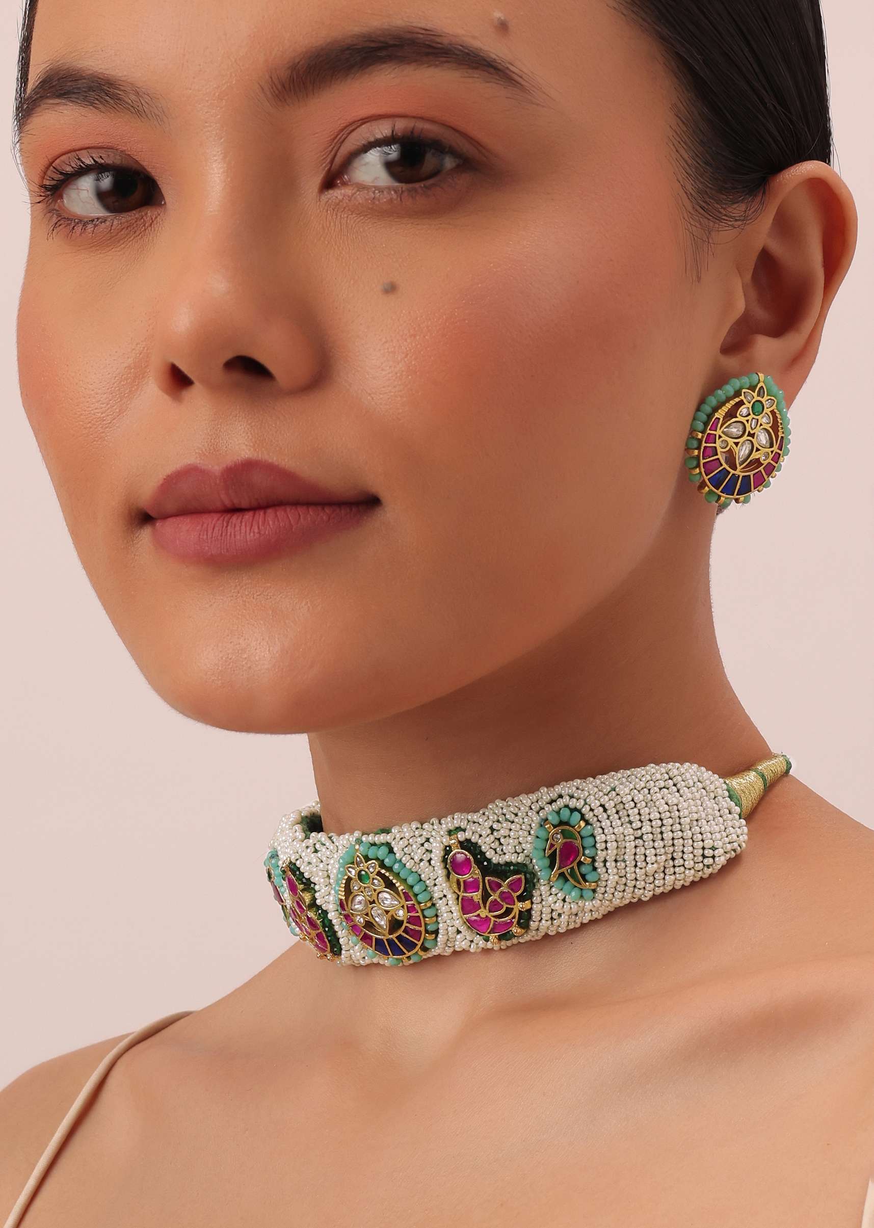 White Rajasthani Ponchi Kundan Studded Choker With Stud Earrings - Image 2