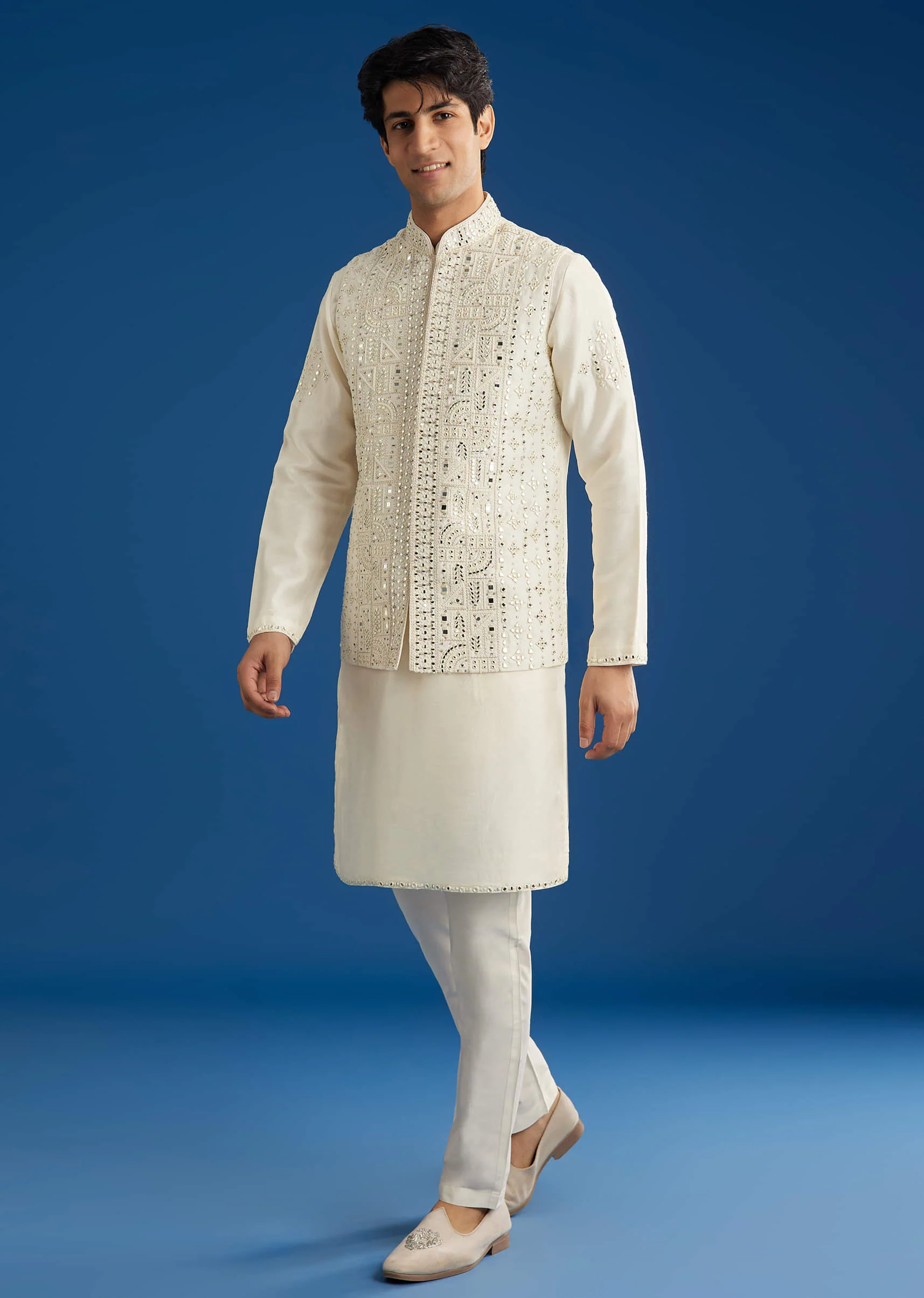 White Rawsilk Jacket Kurta Set With Resham And Mirror Work - Image 2