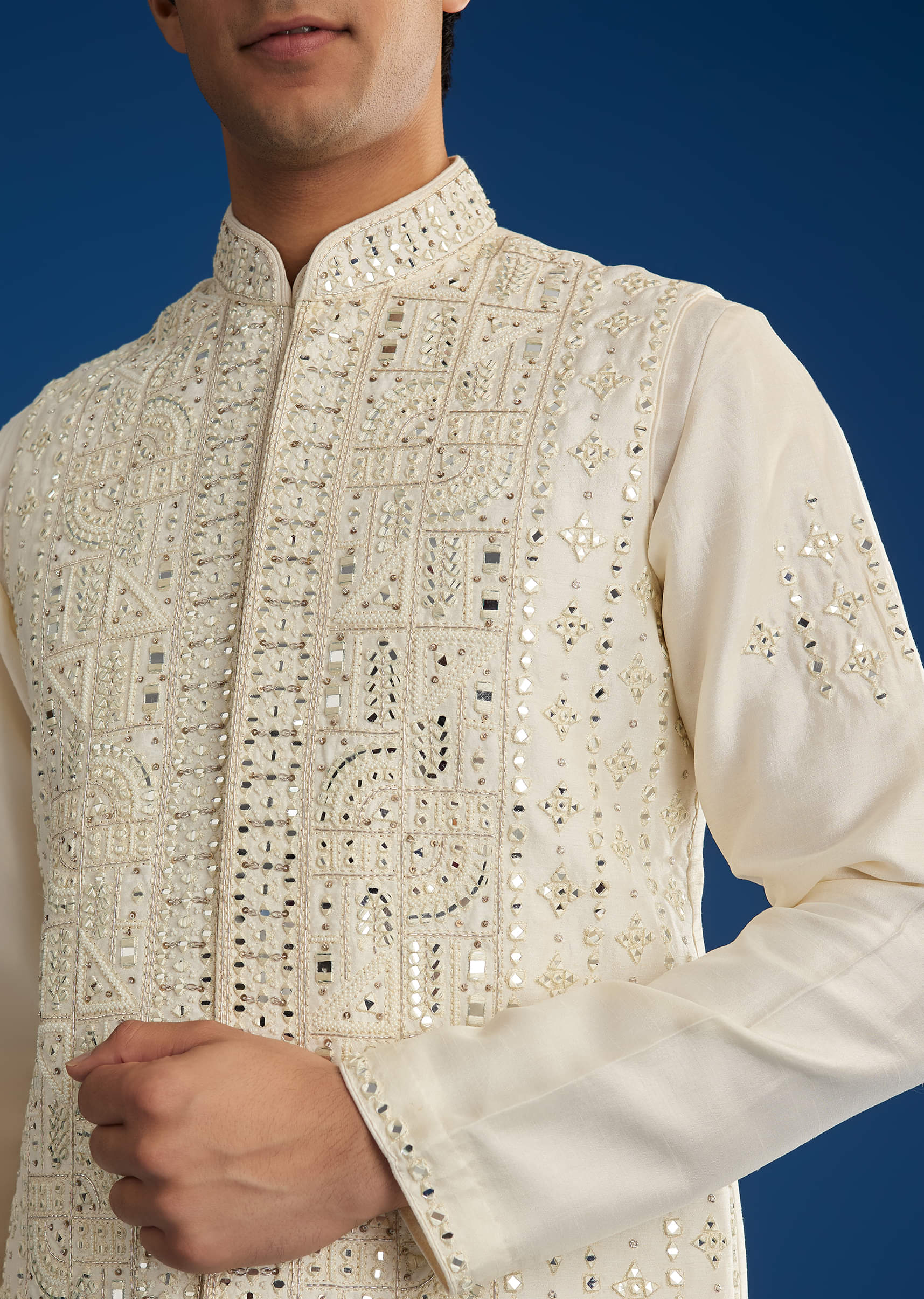 White Rawsilk Jacket Kurta Set With Resham And Mirror Work - Image 3