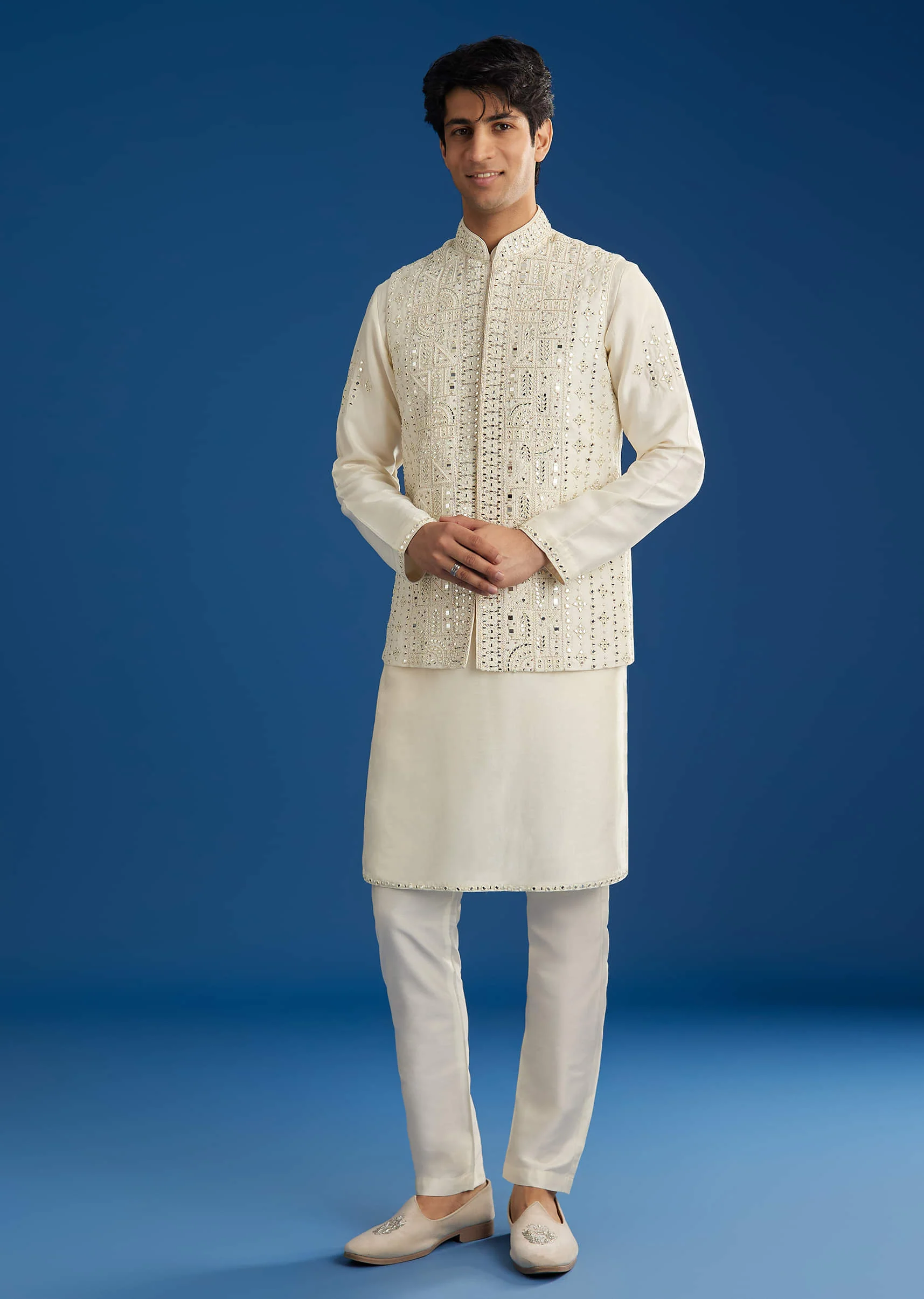 White Rawsilk Jacket Kurta Set With Resham And Mirror Work - Image 5