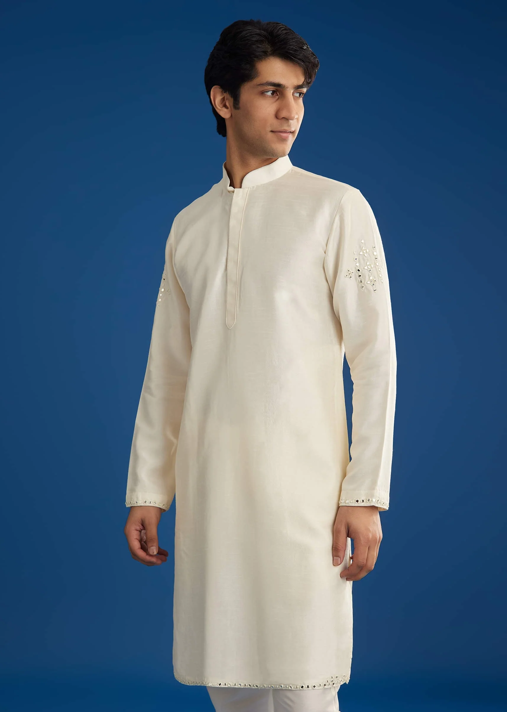 White Rawsilk Jacket Kurta Set With Resham And Mirror Work - Image 7