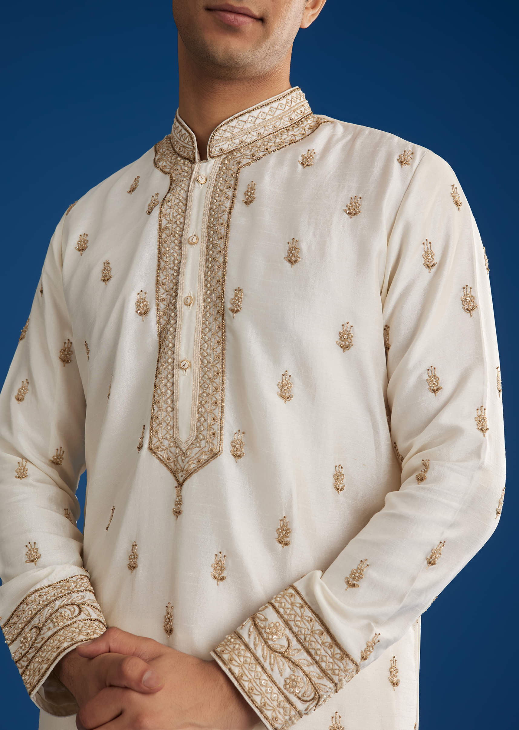 White Rawsilk Kurta Set With Zari Sequins And Cut Dana - Image 3