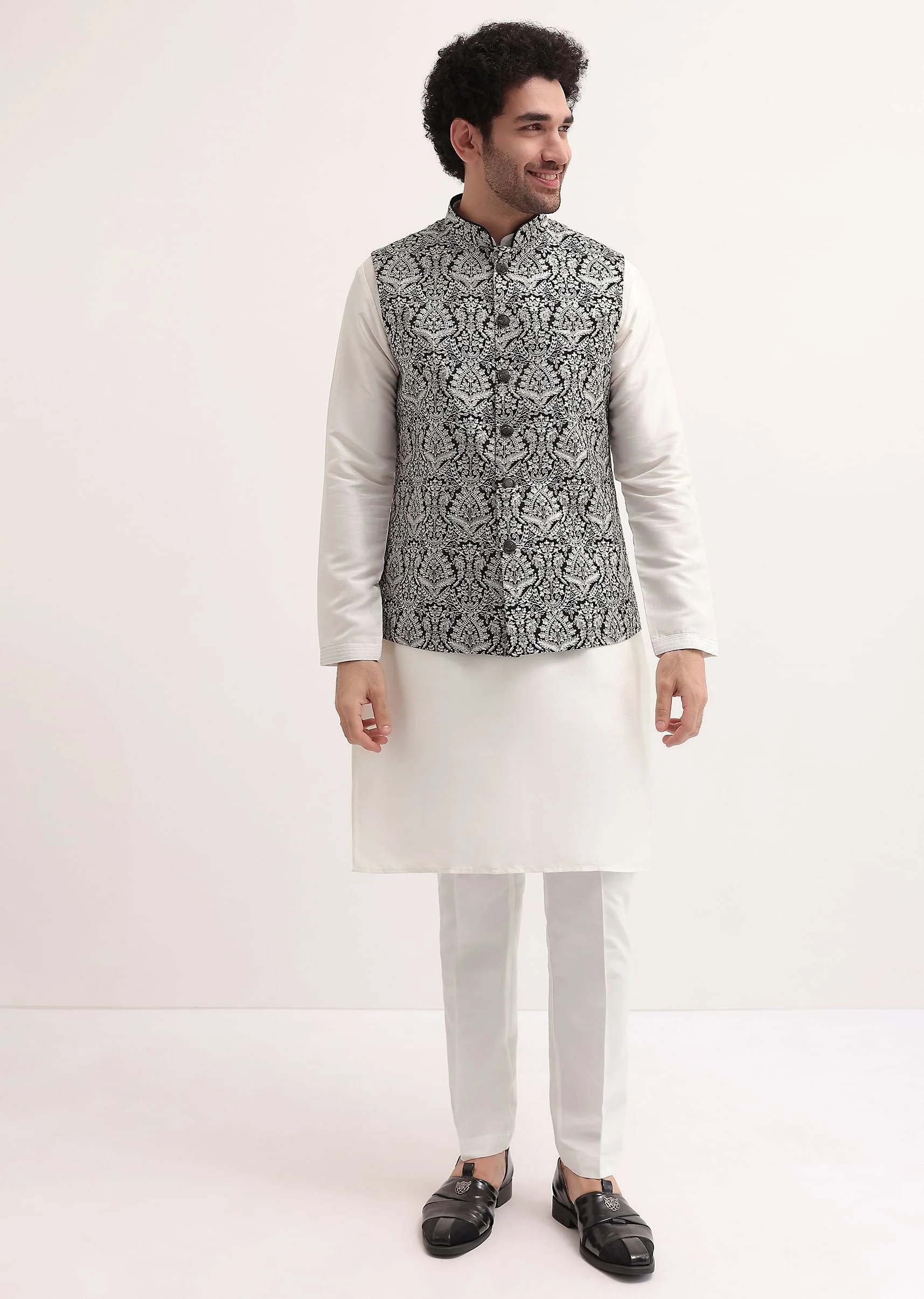 White Resham Work Kurta Jacket Set For Men - Image 2