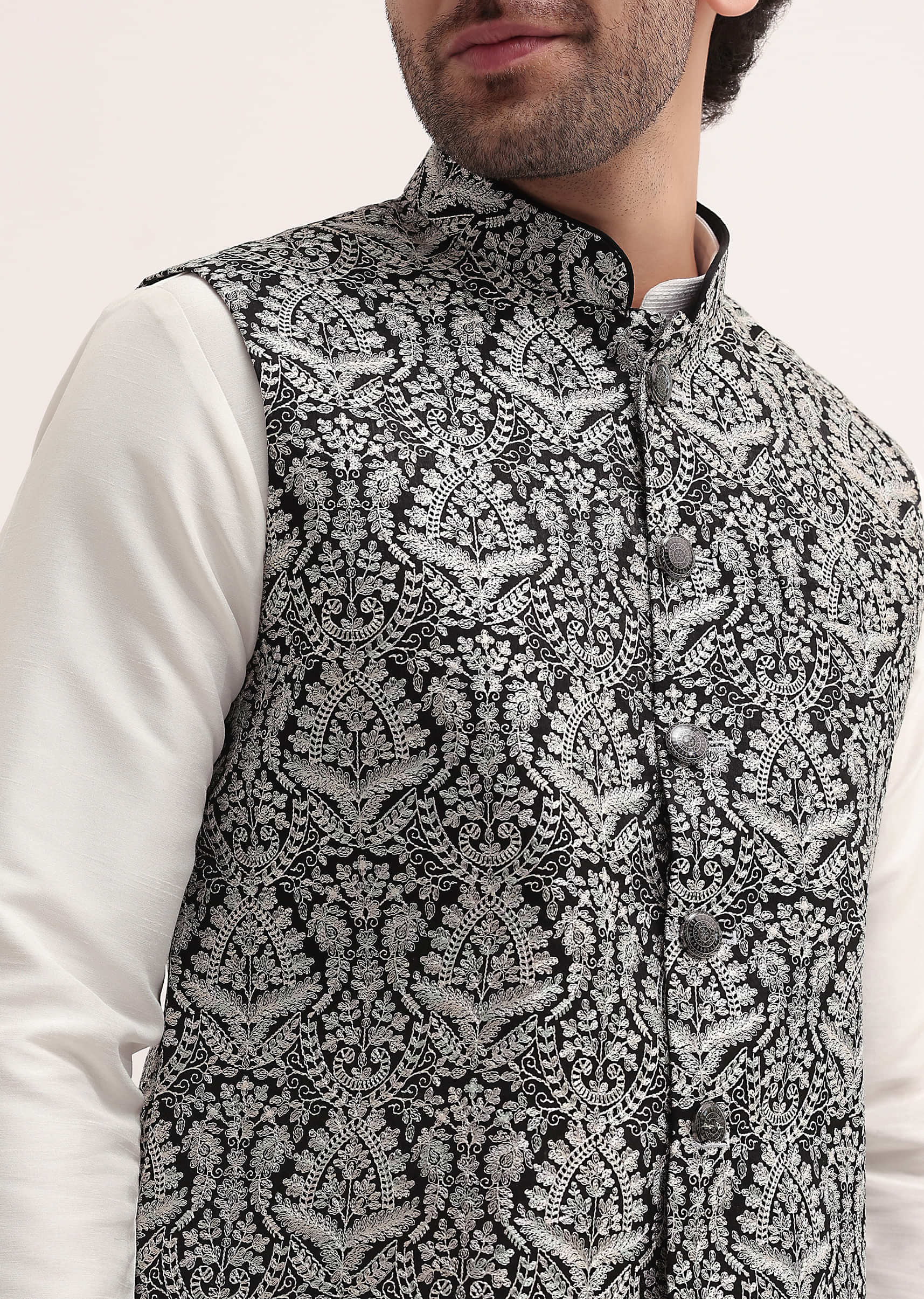 White Resham Work Kurta Jacket Set For Men - Image 3