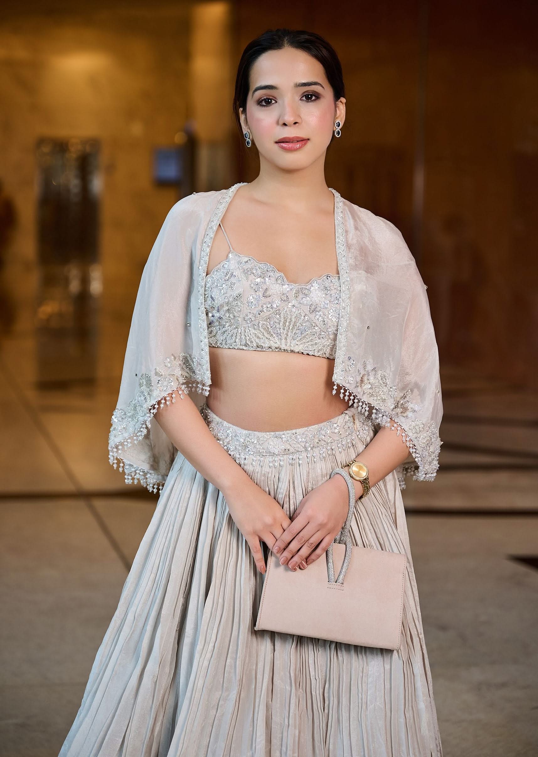 White Ruched Lehenga With Spaghetti Blouse And Cape - Image 4