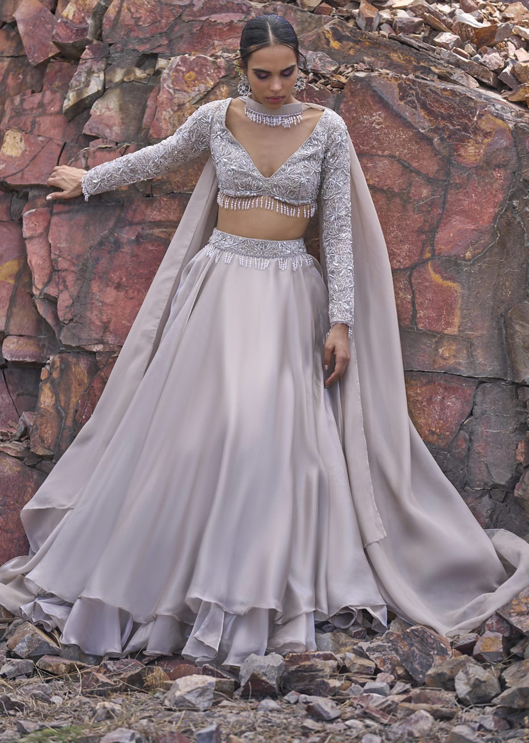White Ruffle Lehenga With Blouse And Choker Dupatta - Image 2
