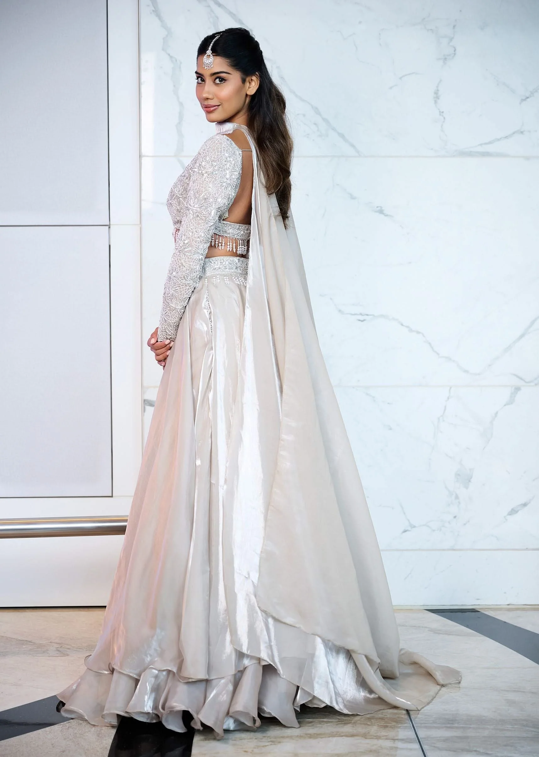 White Ruffle Lehenga With Blouse And Choker Dupatta - Image 9