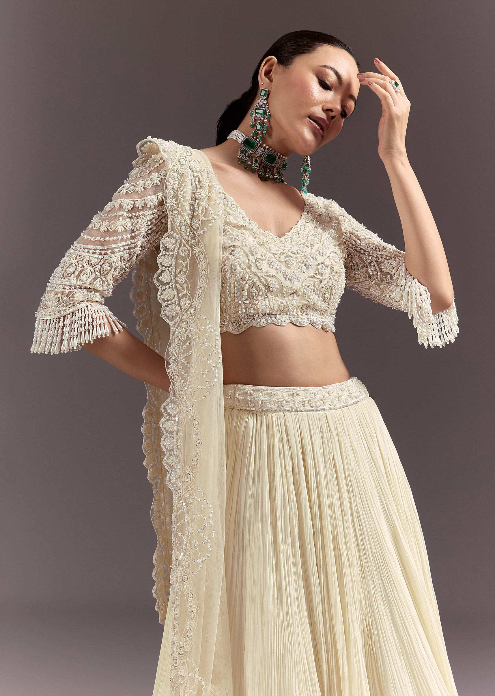 White Rushed Lehenga Set With Cape Dupatta - Image 4