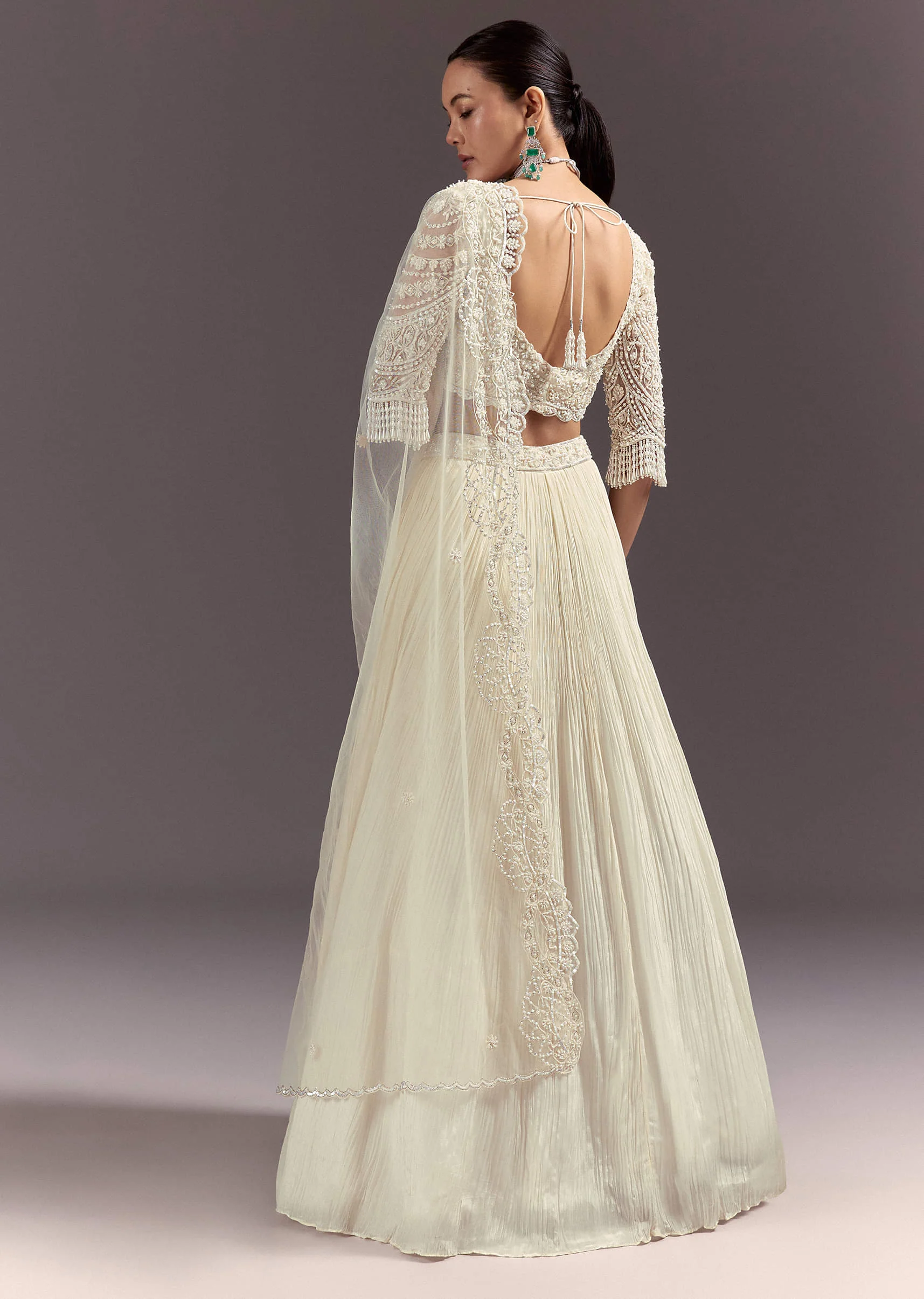 White Rushed Lehenga Set With Cape Dupatta - Image 5