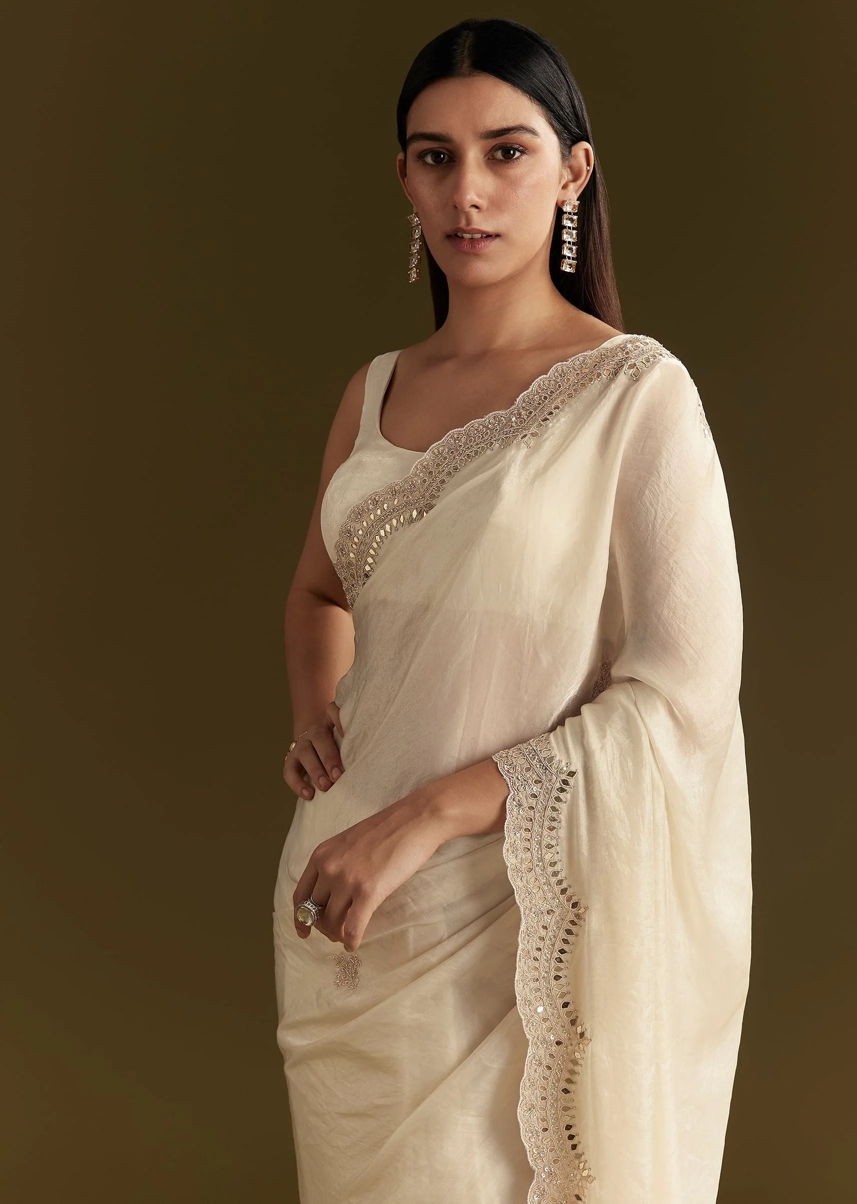 White Satin Embroidered Saree With Gota Patti Work - Image 2