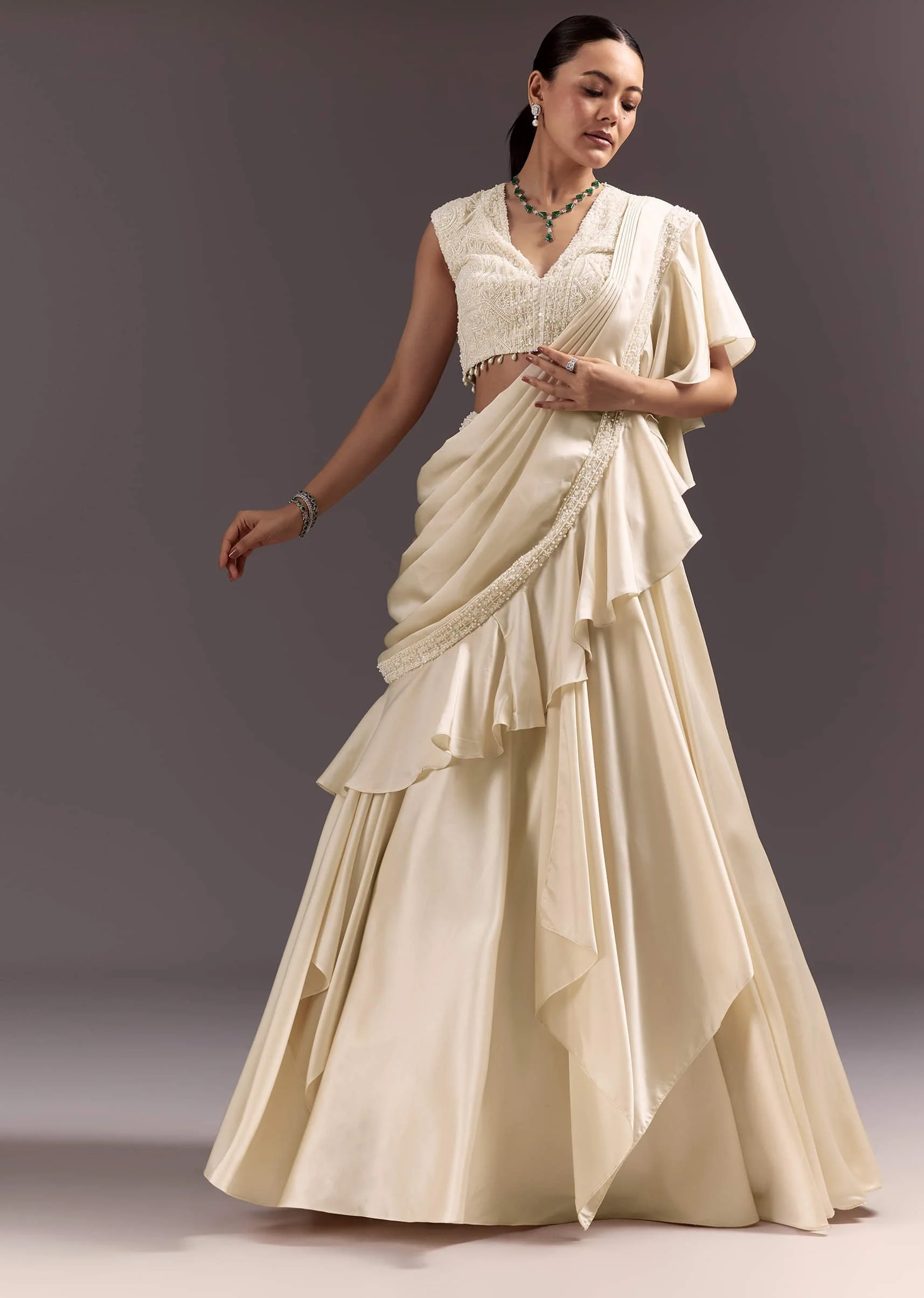 White Satin Frill Style Saree With Sleeveless Blouse - Image 3