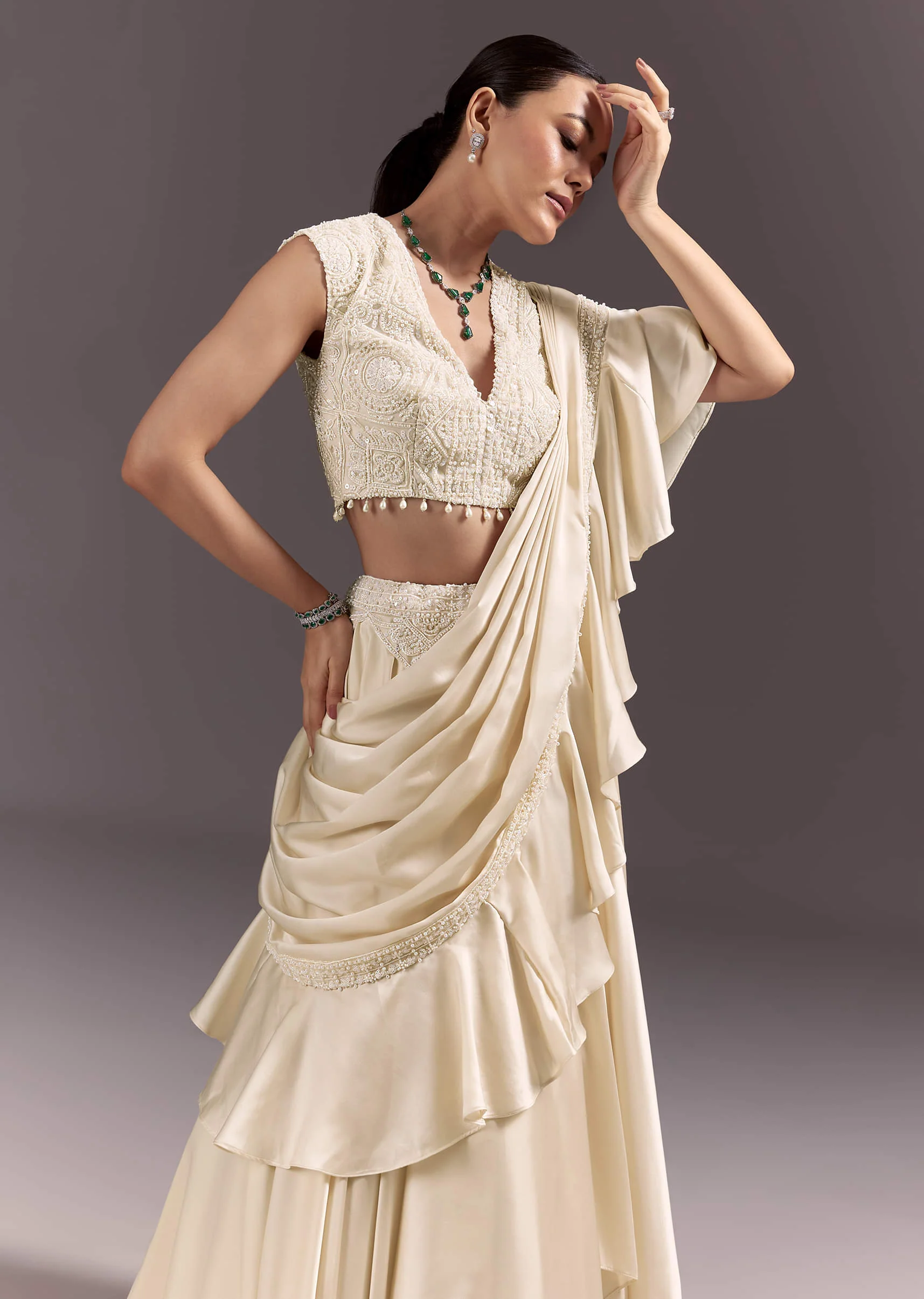 White Satin Frill Style Saree With Sleeveless Blouse - Image 4