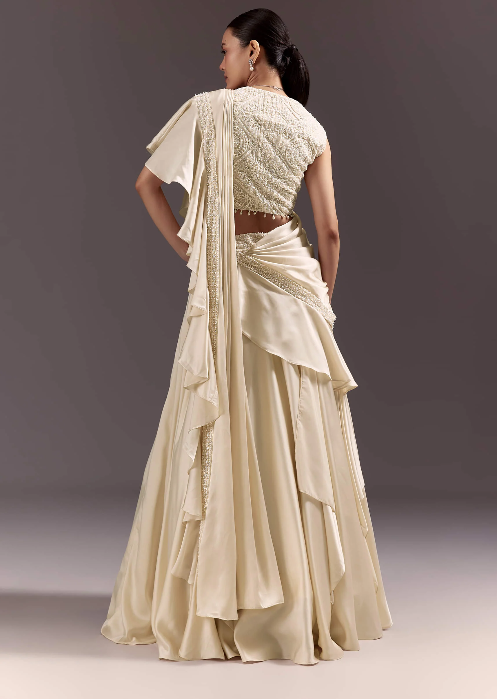 White Satin Frill Style Saree With Sleeveless Blouse - Image 6