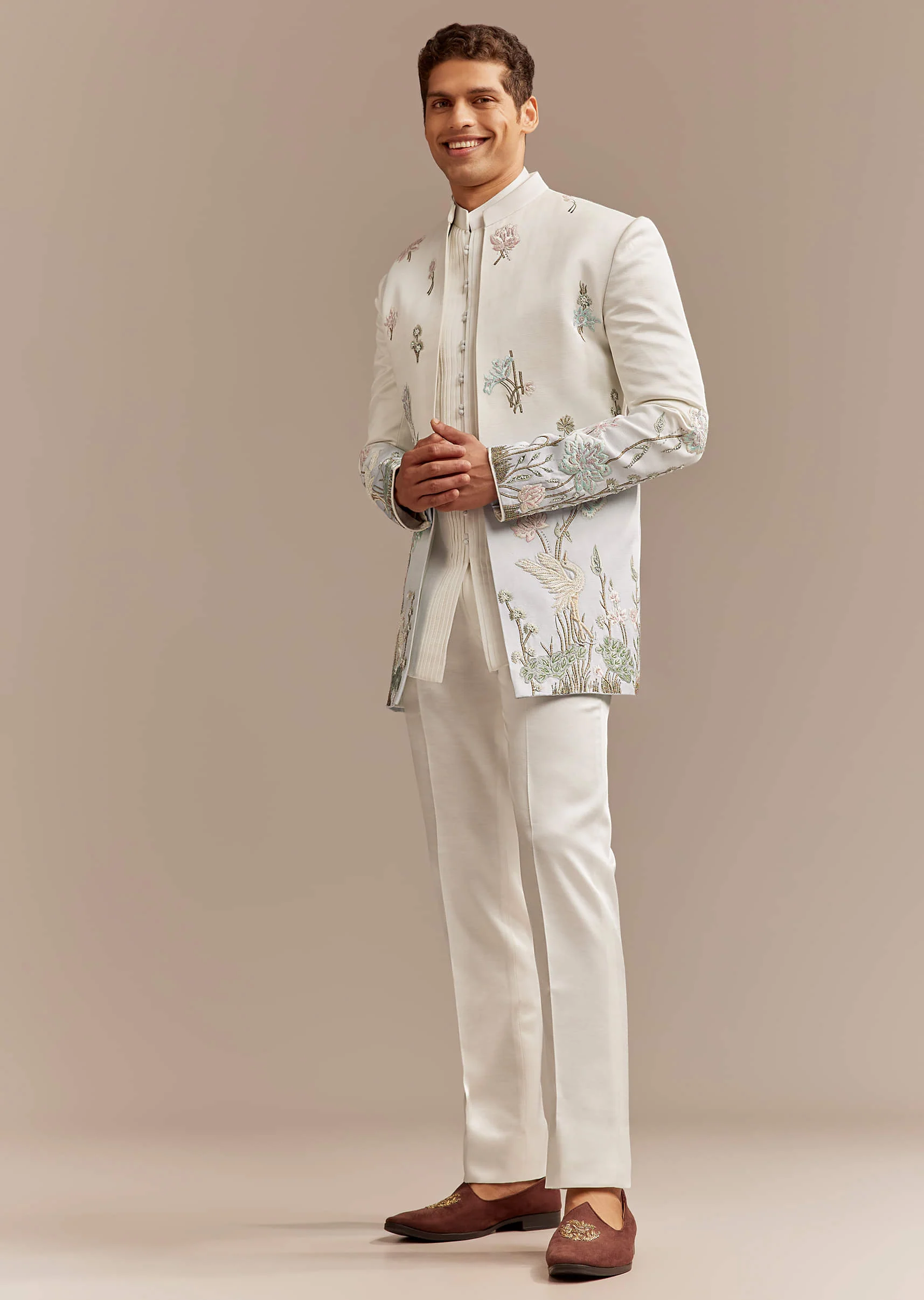 White Satin Silk Indo Western Set For Men With Pastel Embroidery - Image 3