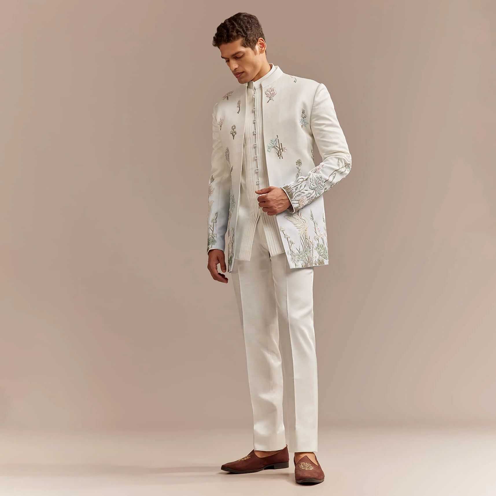 White Satin Silk Indo Western Set For Men With Pastel Embroidery - Image 4