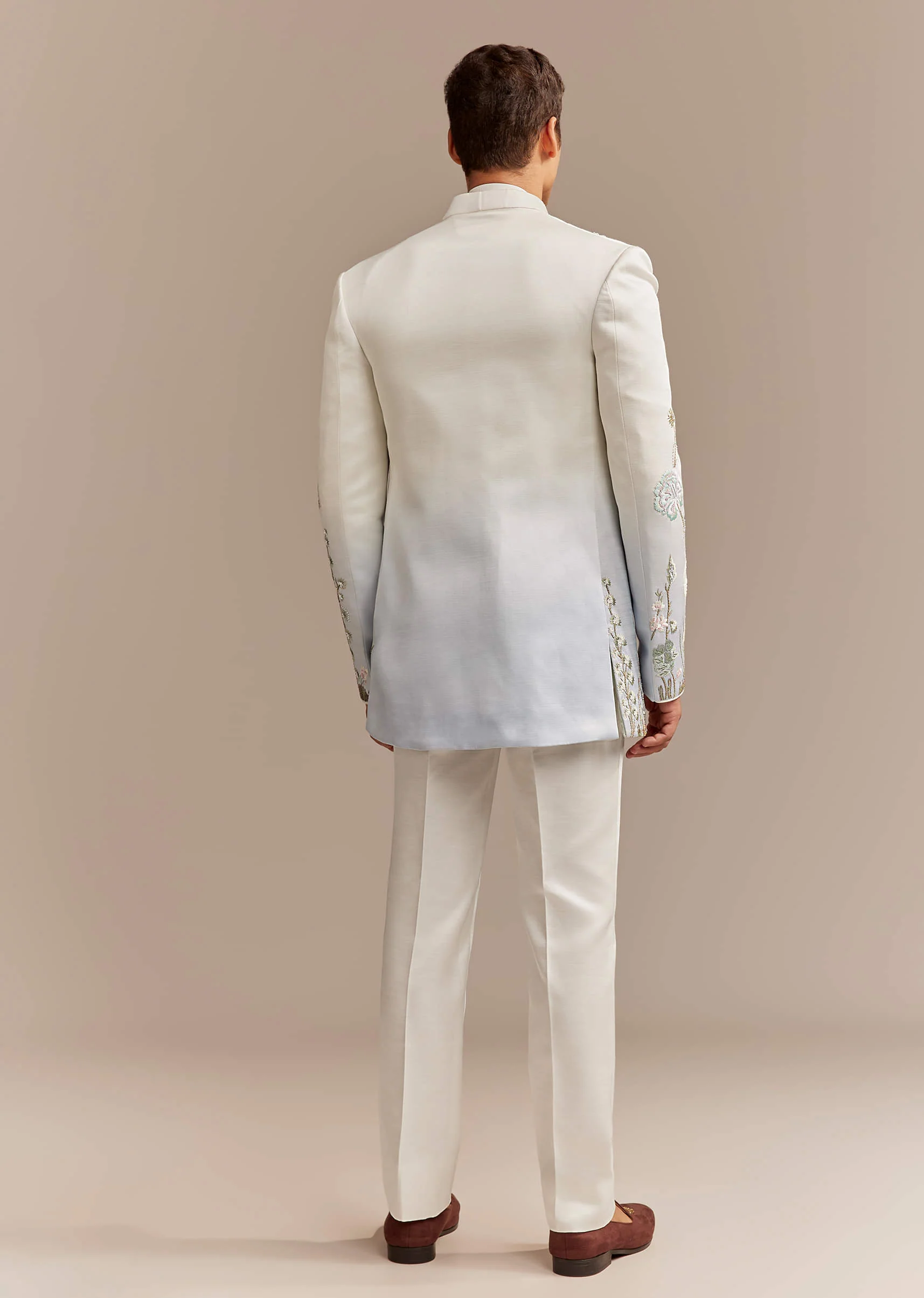 White Satin Silk Indo Western Set For Men With Pastel Embroidery - Image 6