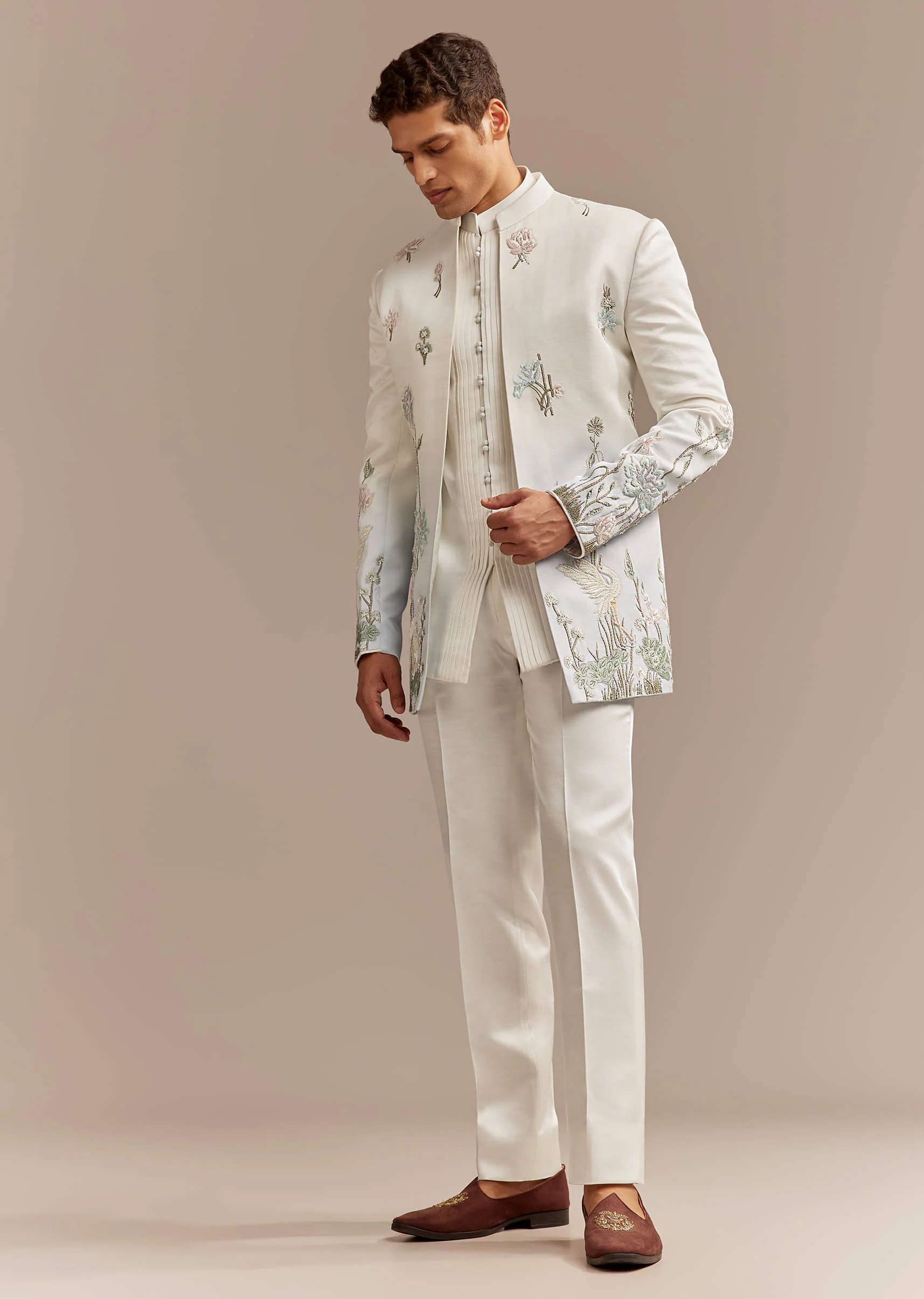 White Satin Silk Indo Western Set For Men With Pastel Embroidery - Image 9