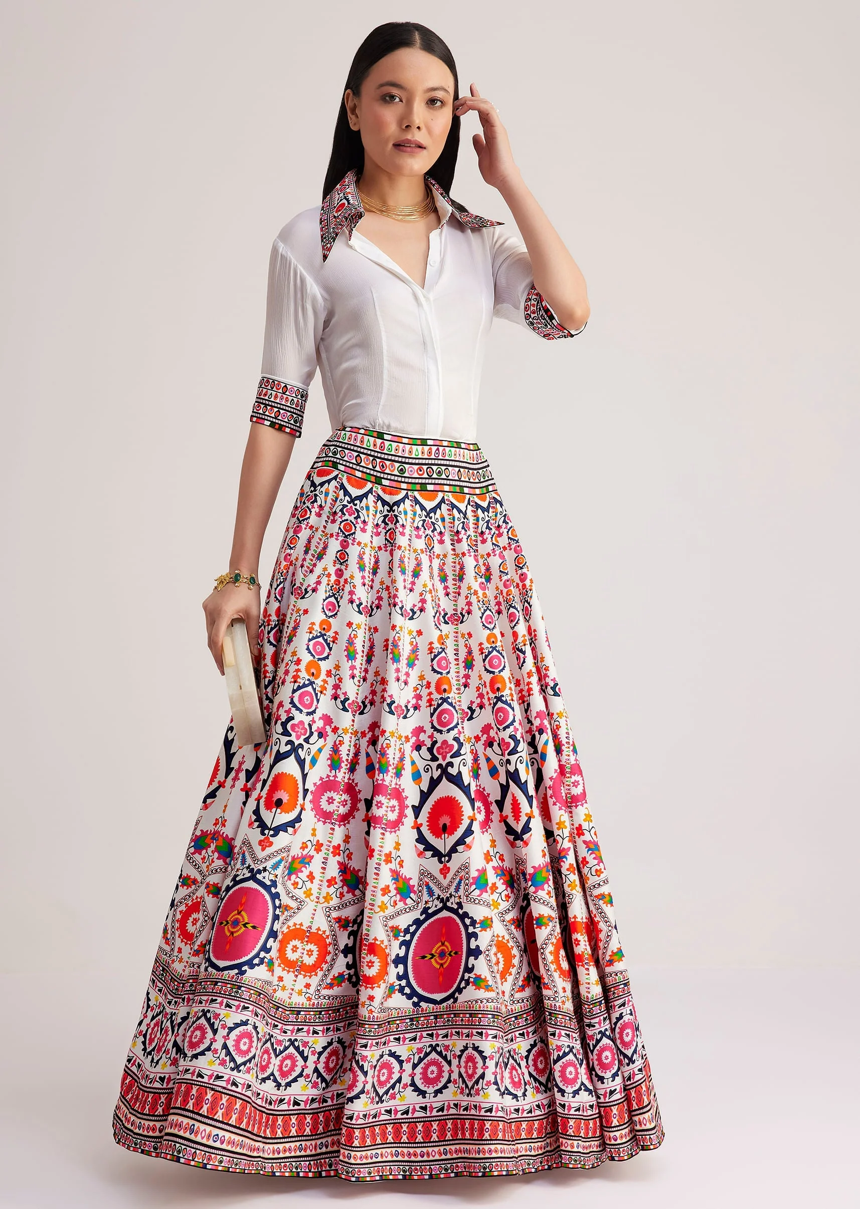 White Shirt With Vibrant Printed Skirt - Image 2