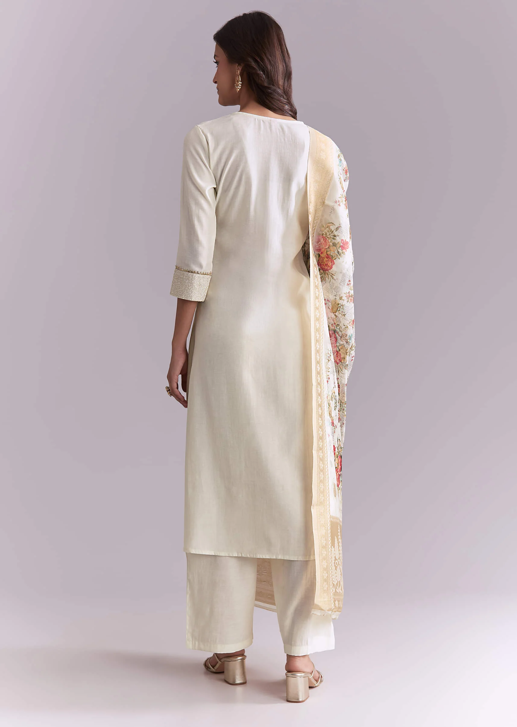 White Silk Anarkali Suit With Rose Motif And Thread Work - Image 5