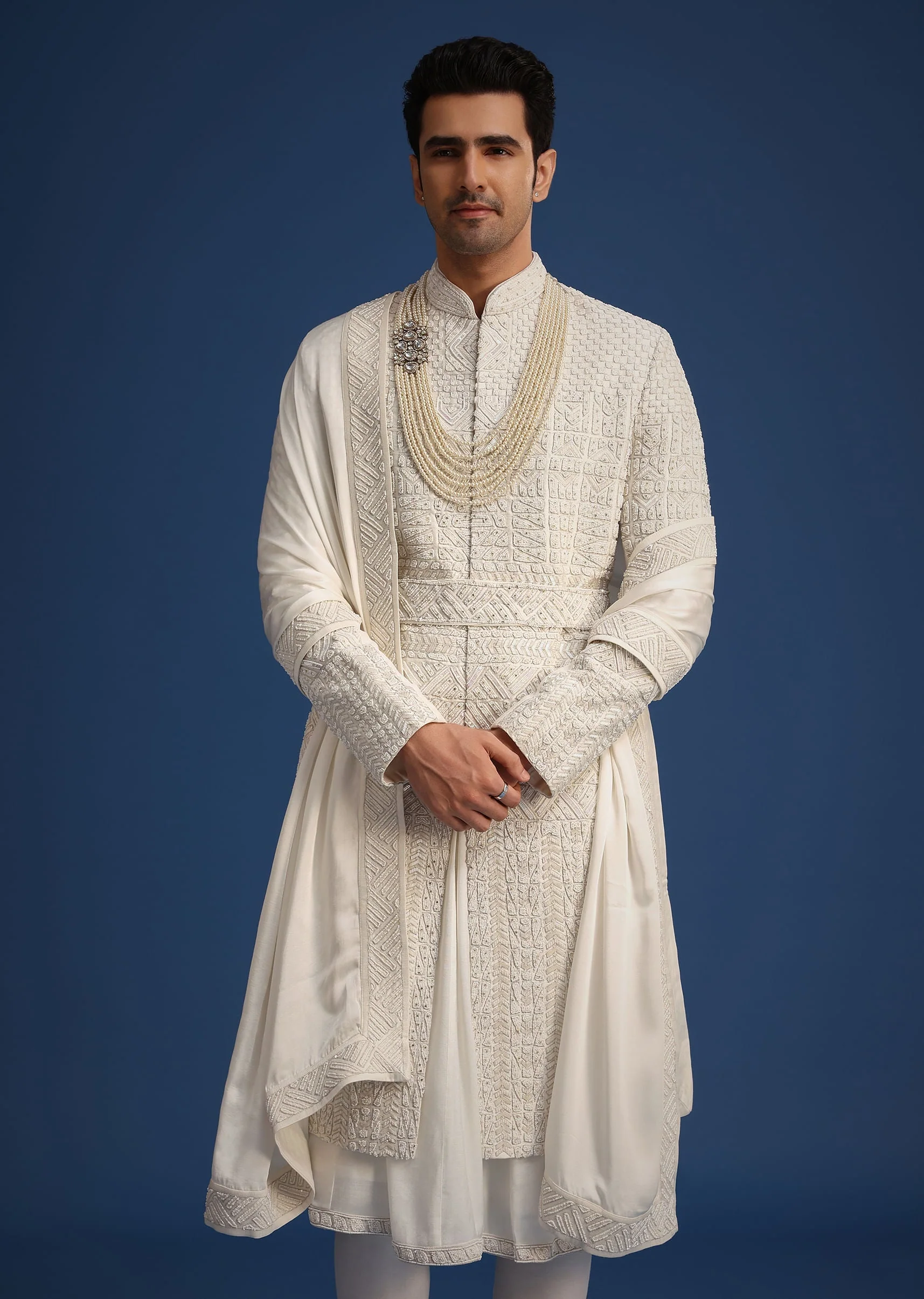 White Silk Embellished Sherwani Set With Kamarbandh - Image 4