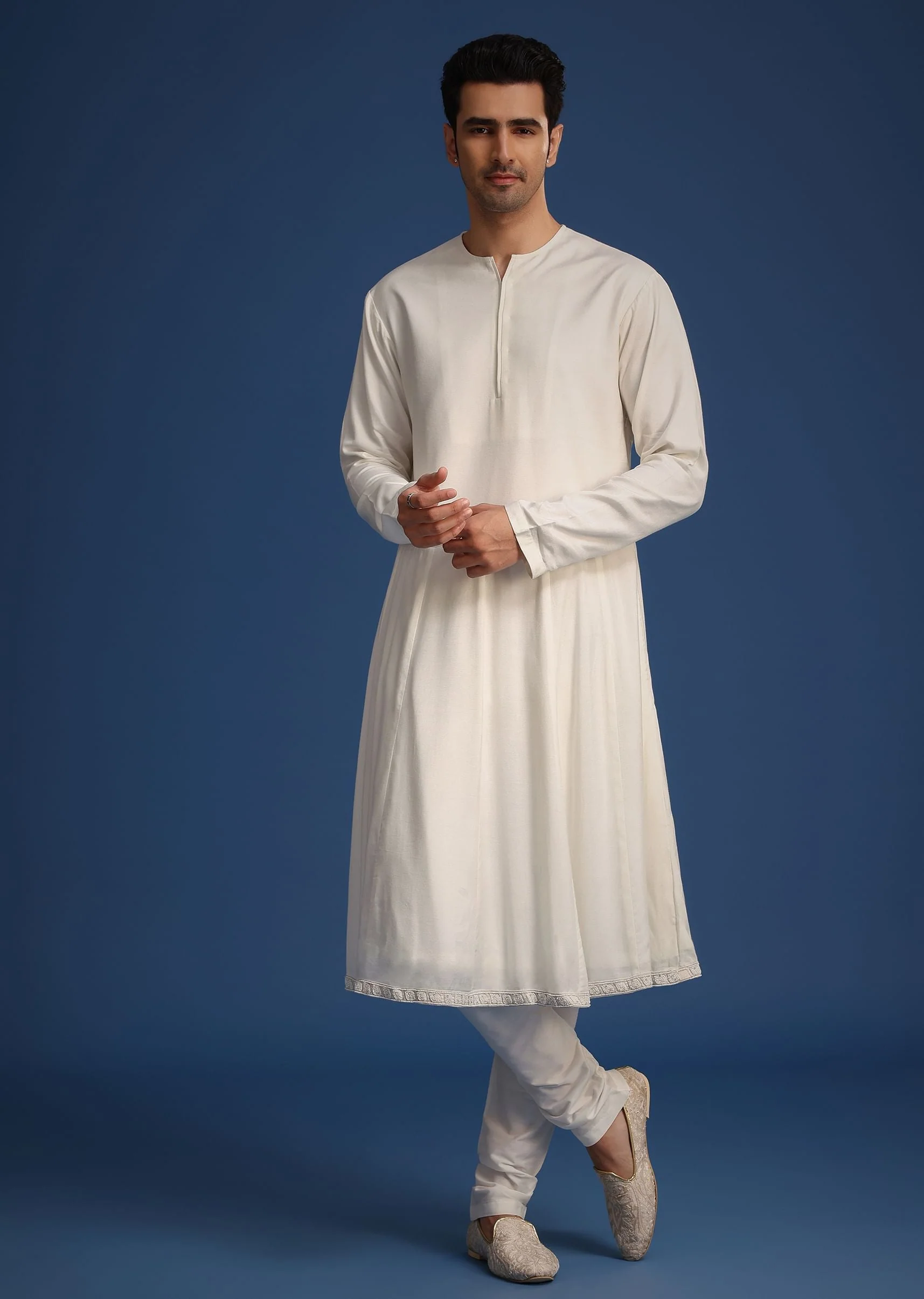 White Silk Embellished Sherwani Set With Kamarbandh - Image 7