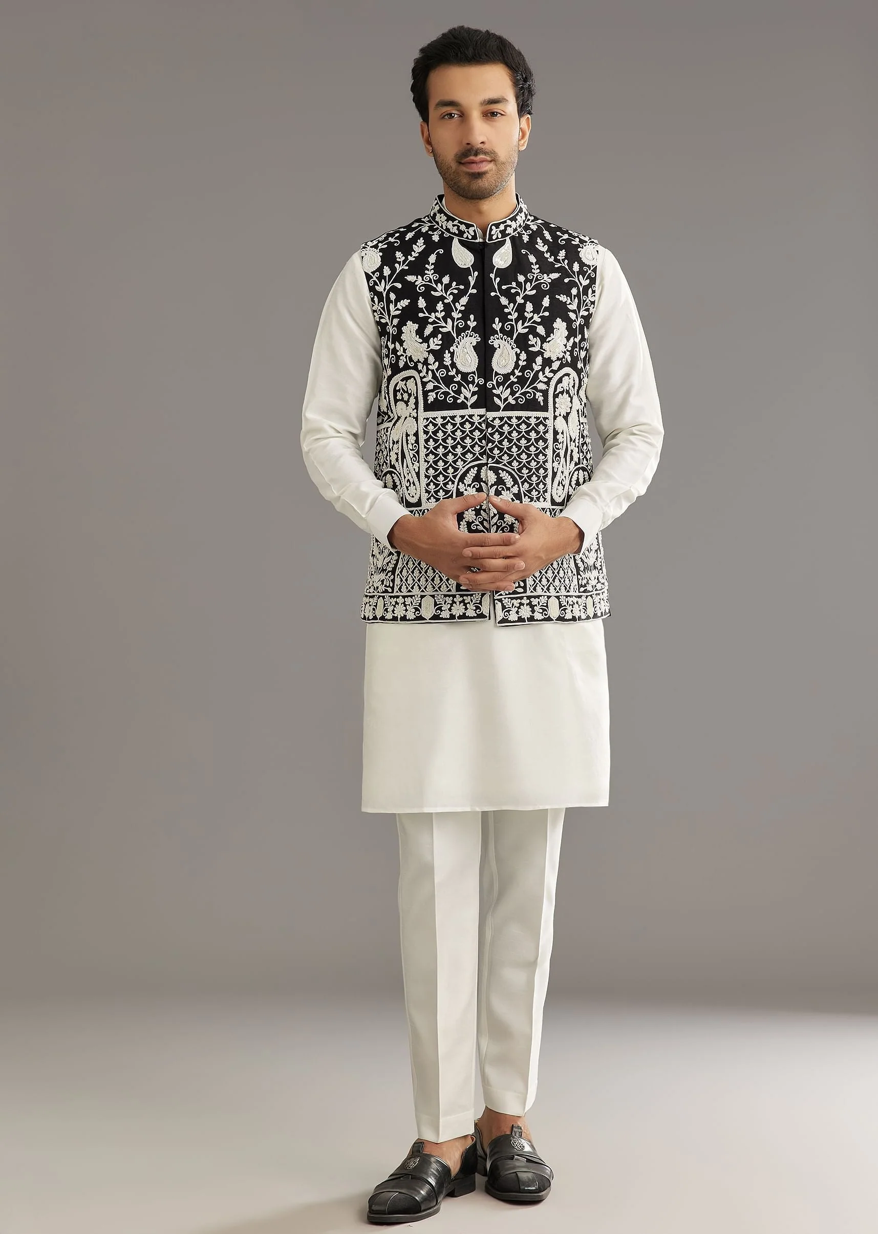 White Silk Kurta Set With Black Dori And Zardosi Jacket - Image 2
