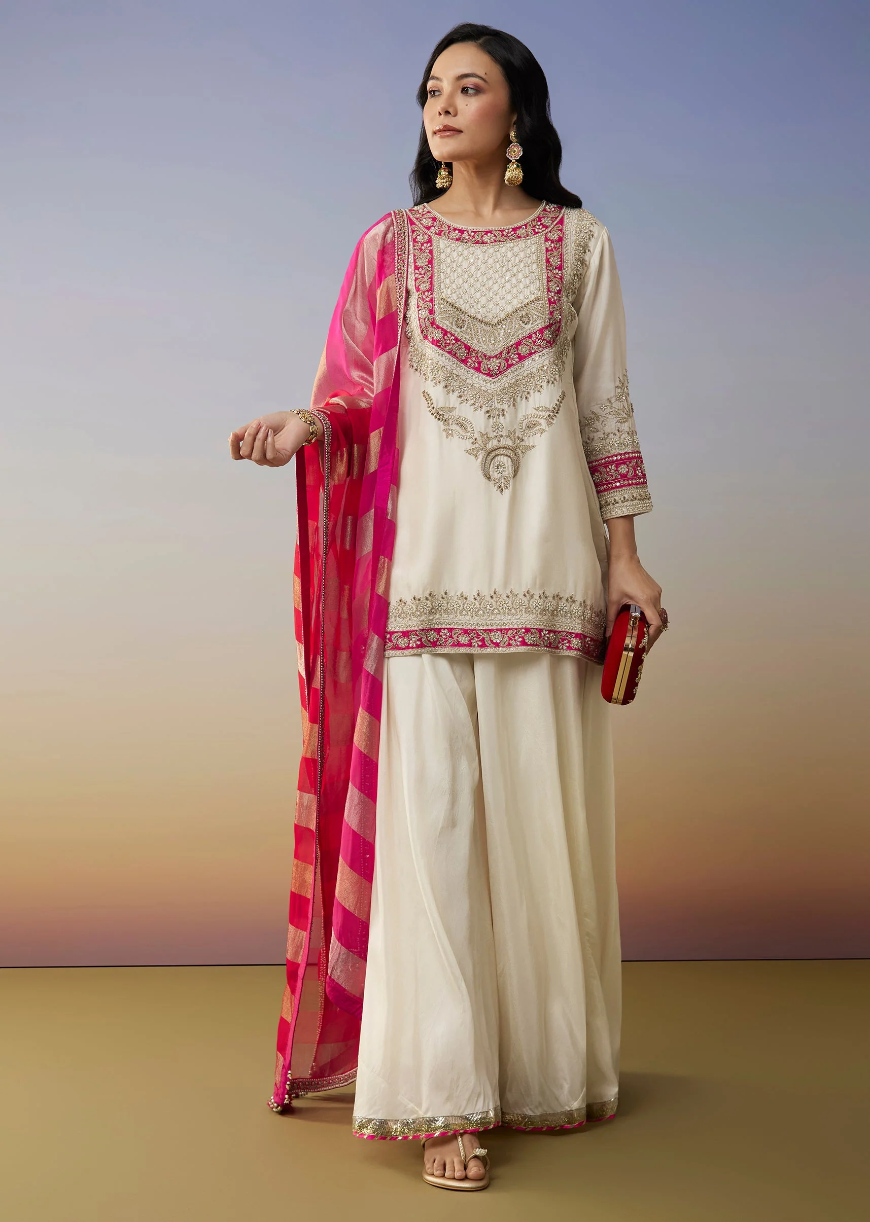 White Silk Palazzo Suits with Moti Zardosi Work - Image 3