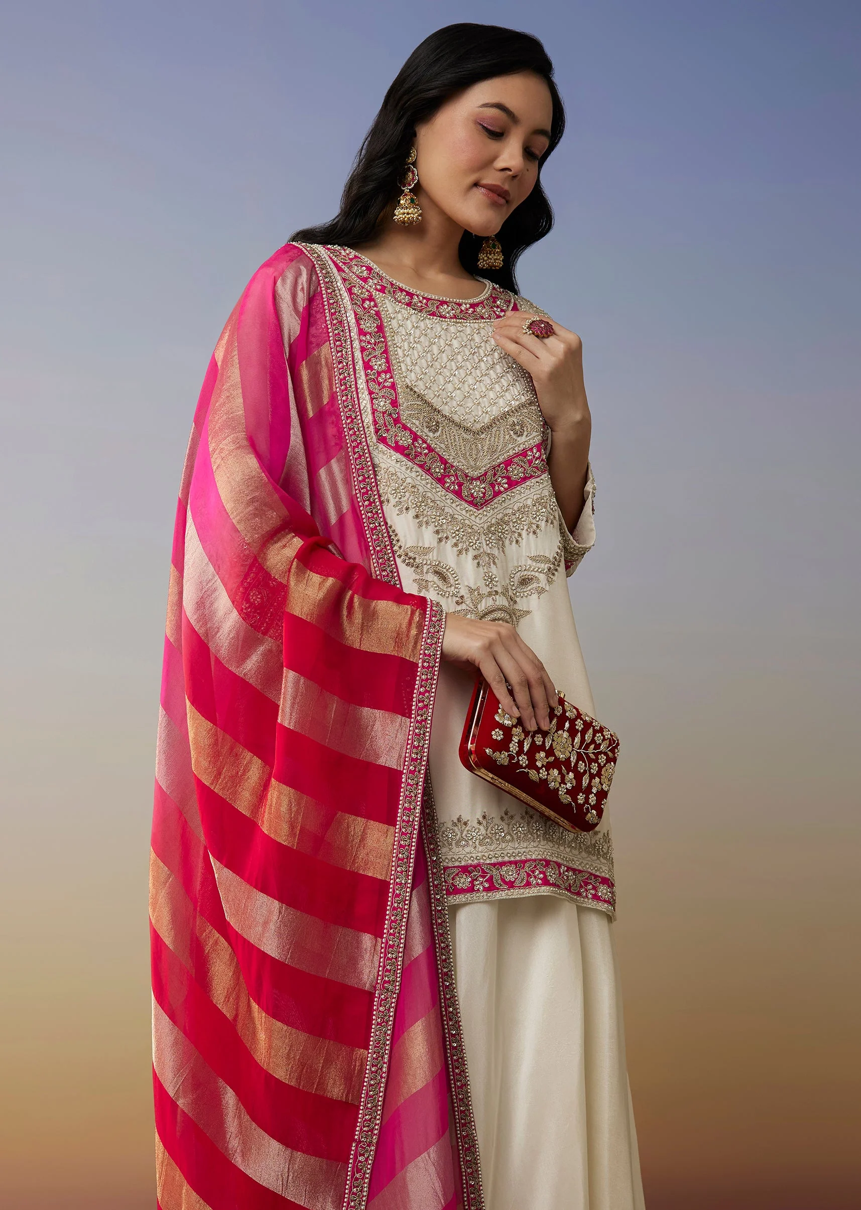 White Silk Palazzo Suits with Moti Zardosi Work - Image 4