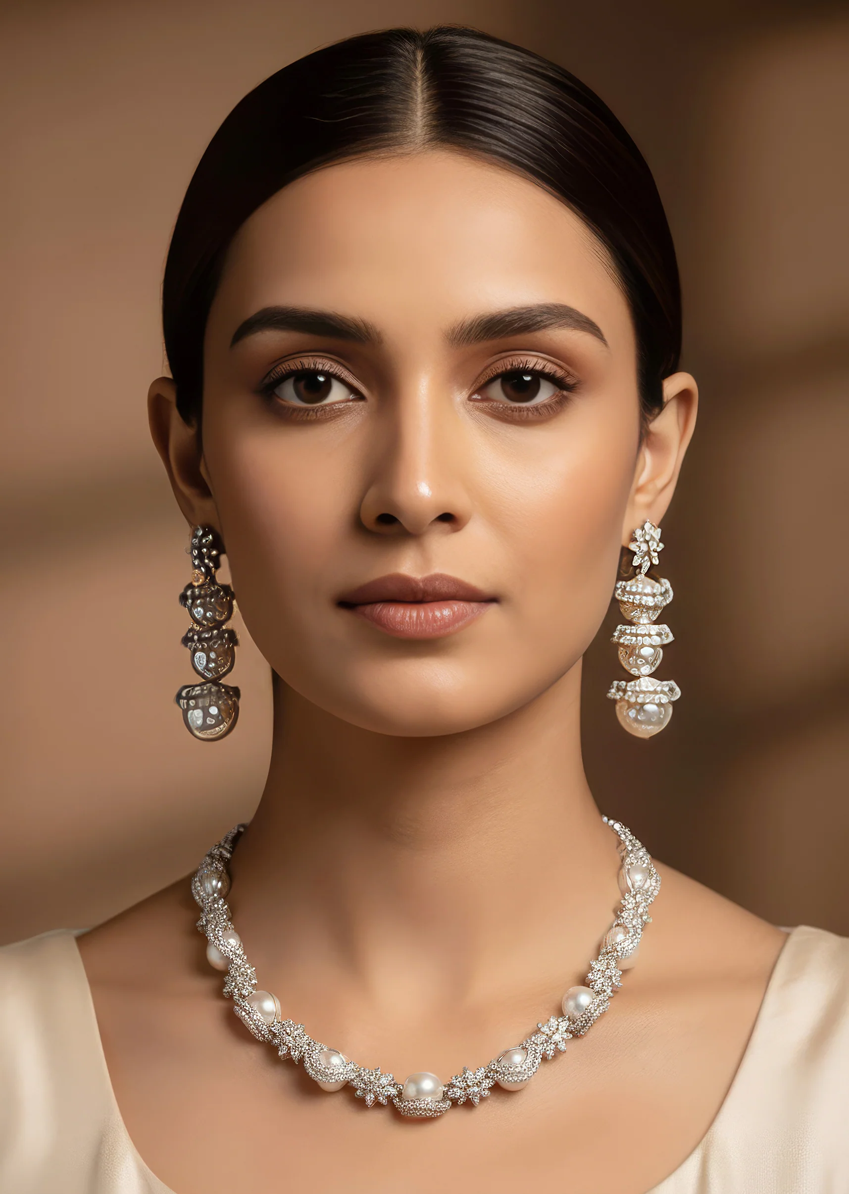White Silver Necklace Set With Diamond Detail