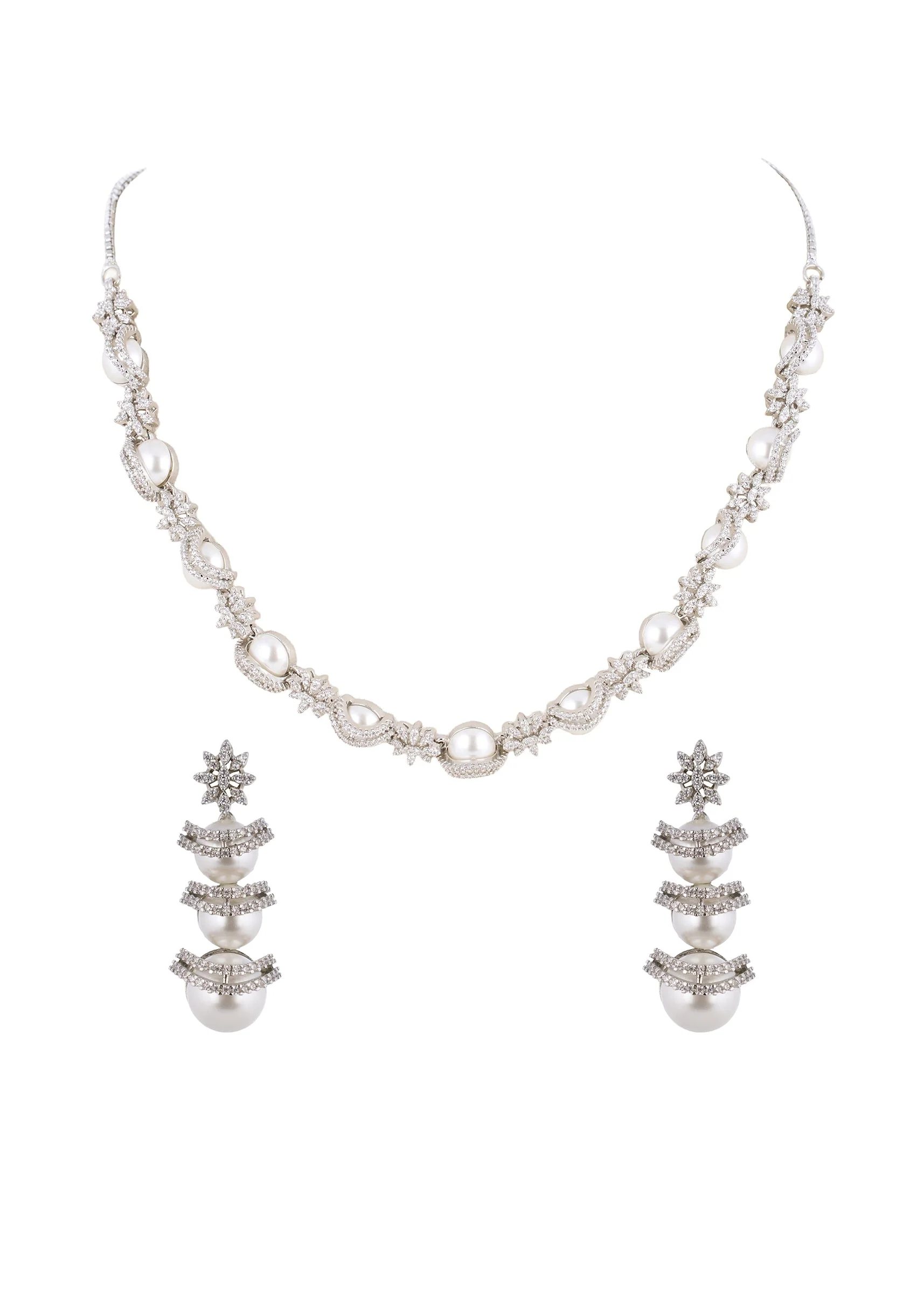 White Silver Necklace Set With Diamond Detail - Image 3