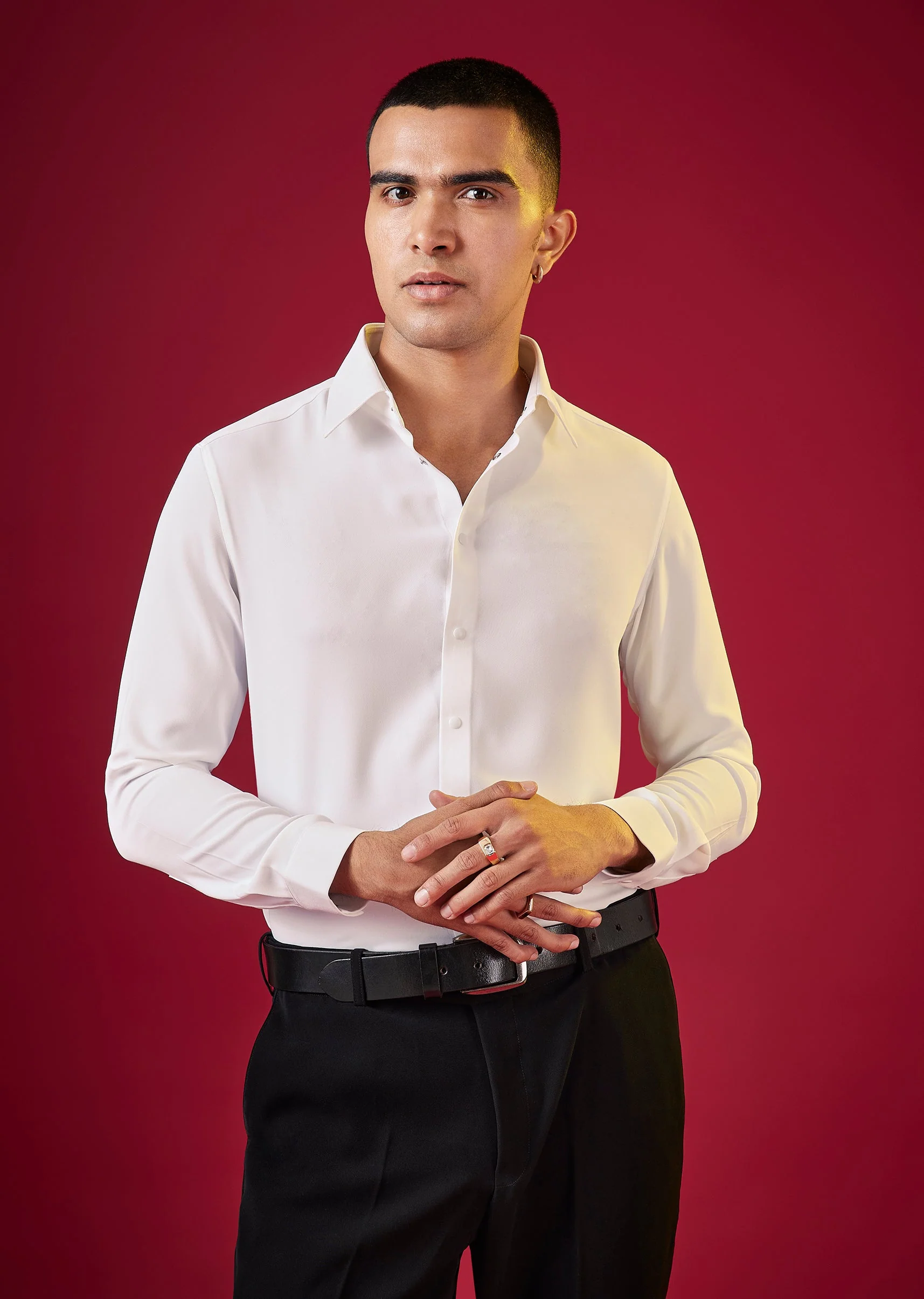 White Solid Viscose Button Front Mens Shirt - Image 3