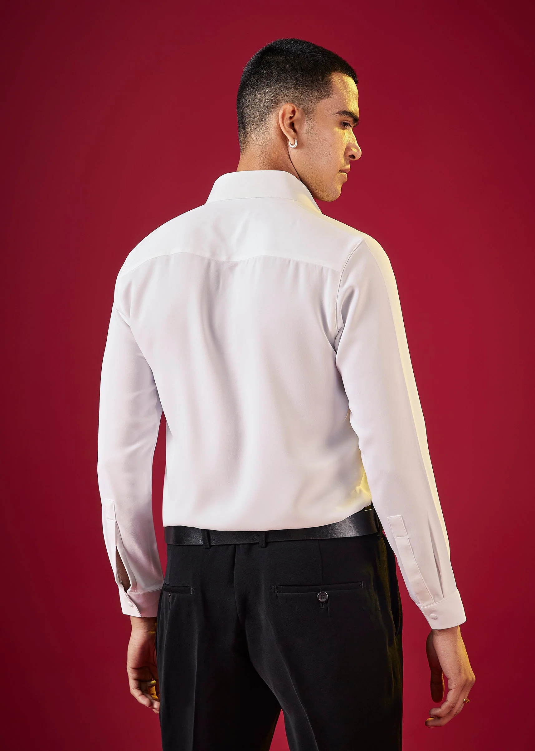 White Solid Viscose Button Front Mens Shirt - Image 4