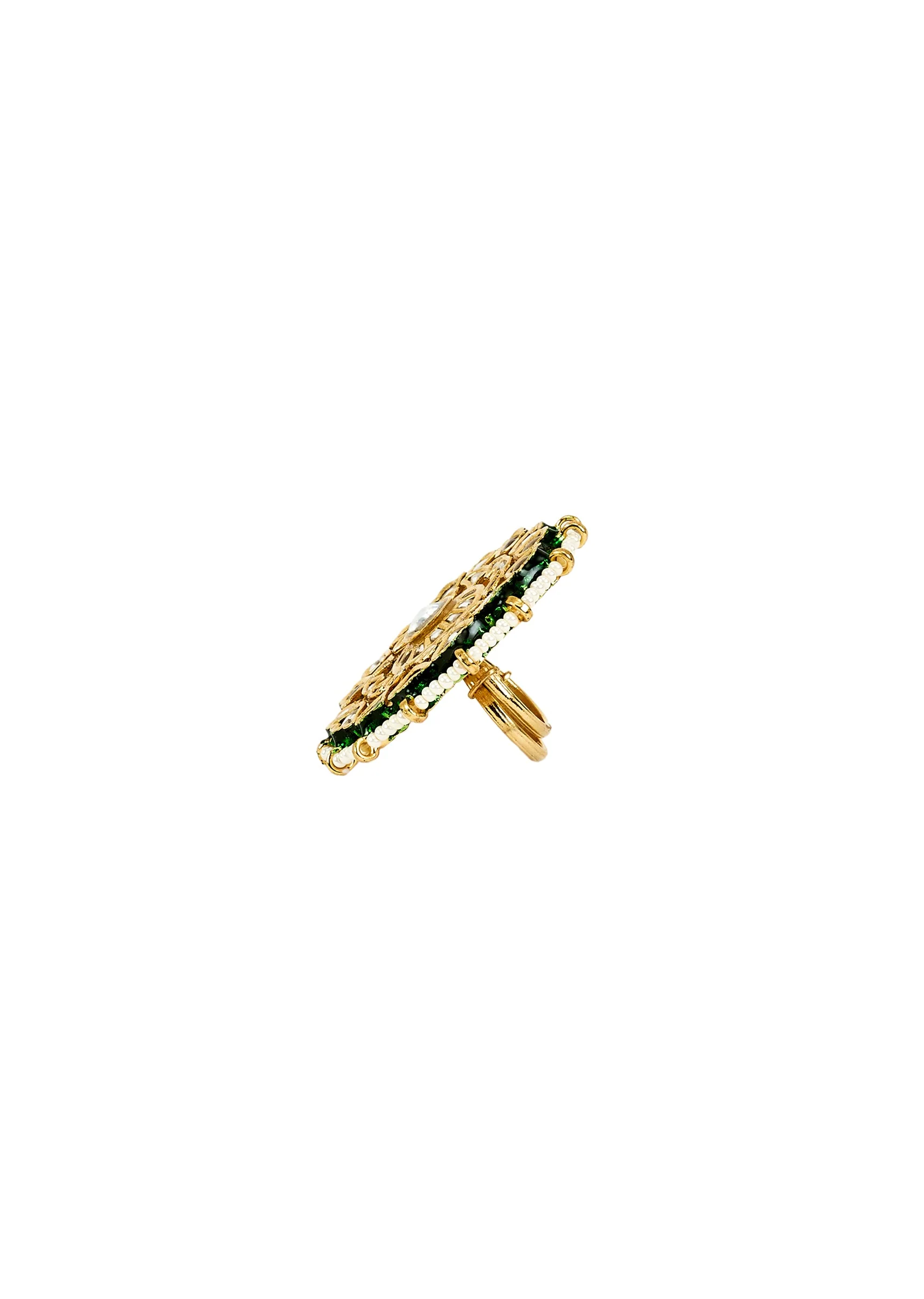 White Stone And Green Accent Kundan Polki Ring - Image 3