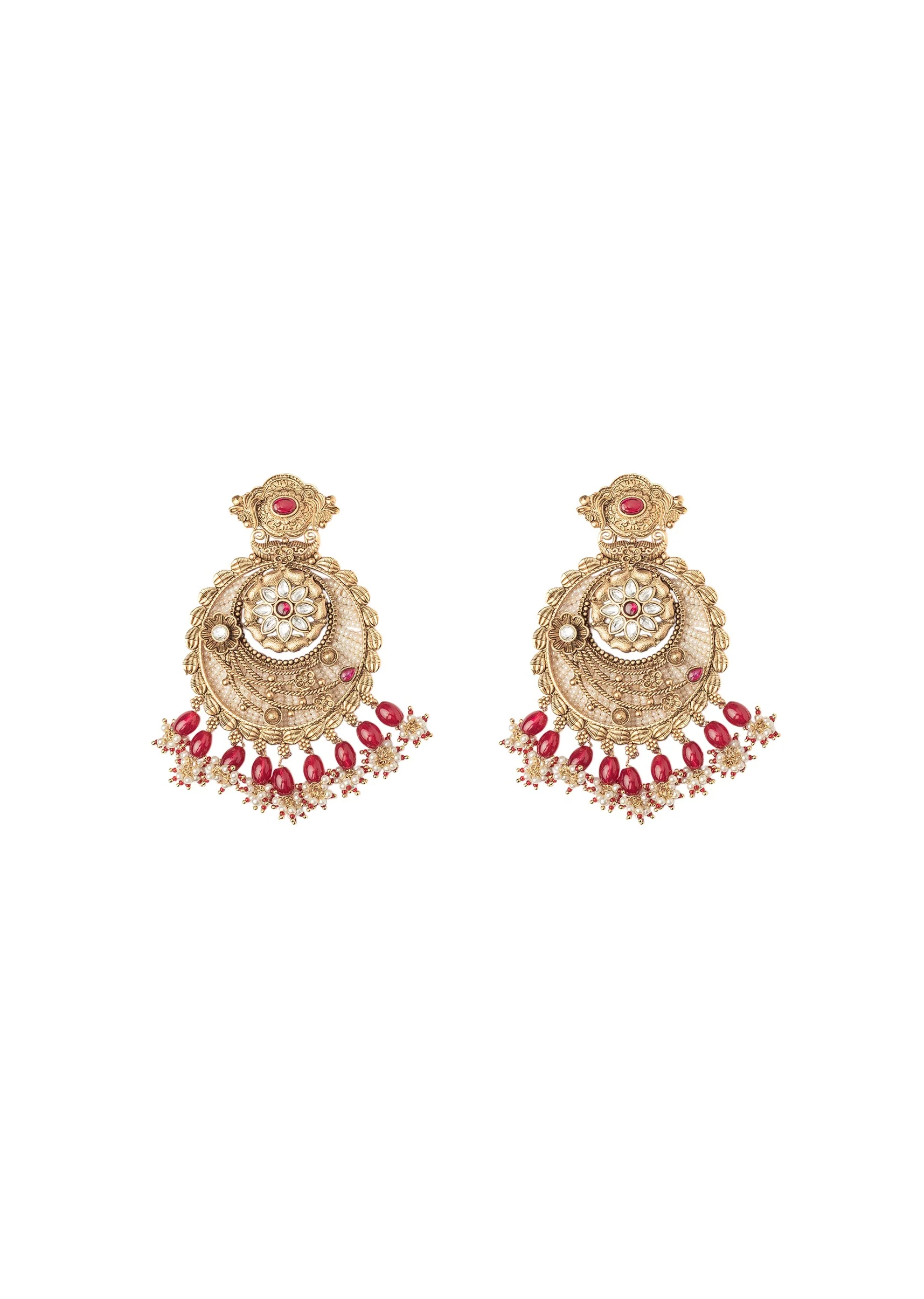 White Stone Chandbali Earrings With Floral Motifs And Pink Bead Drops - Image 2