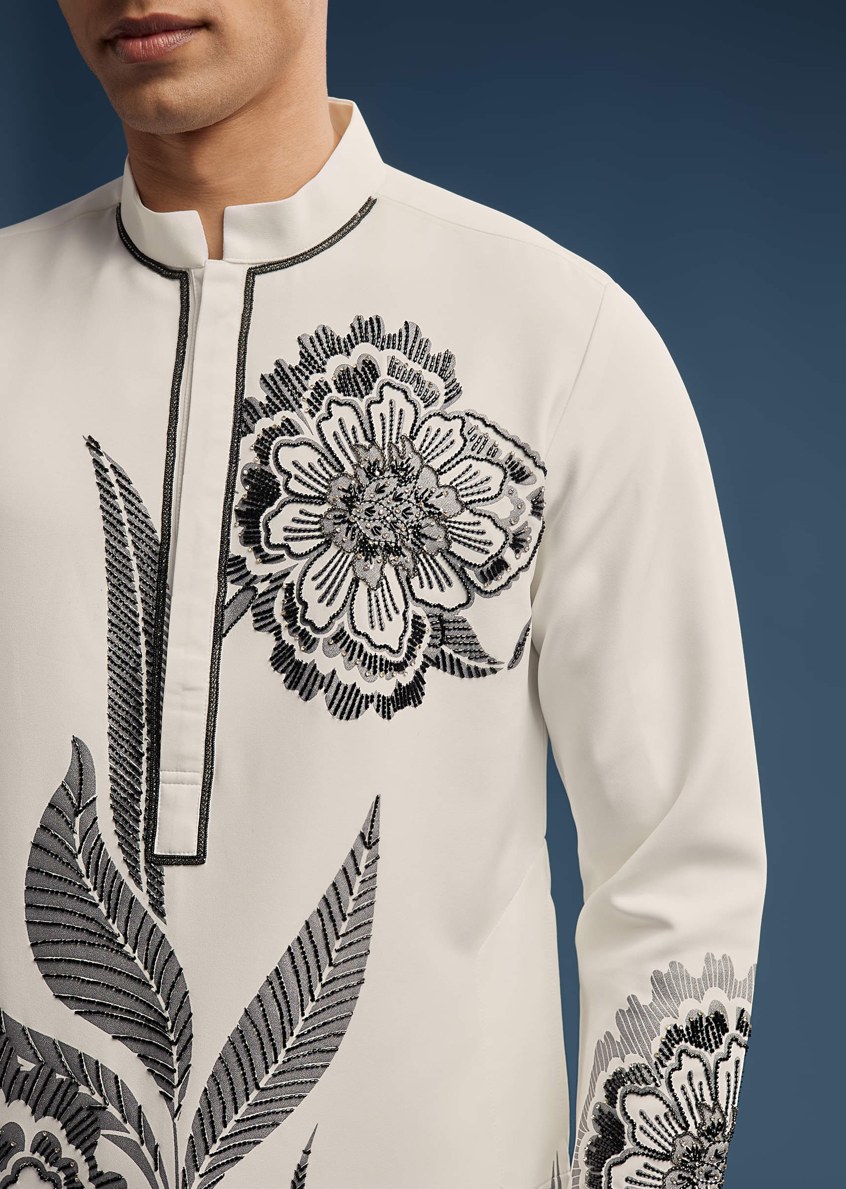 White Suiting Fabric Kurta Set For Men With Floral Print - Image 2