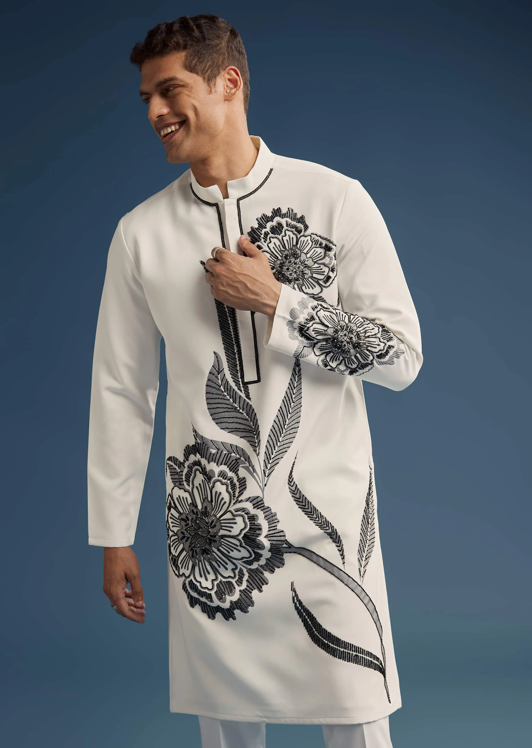 White Suiting Fabric Kurta Set For Men With Floral Print - Image 4