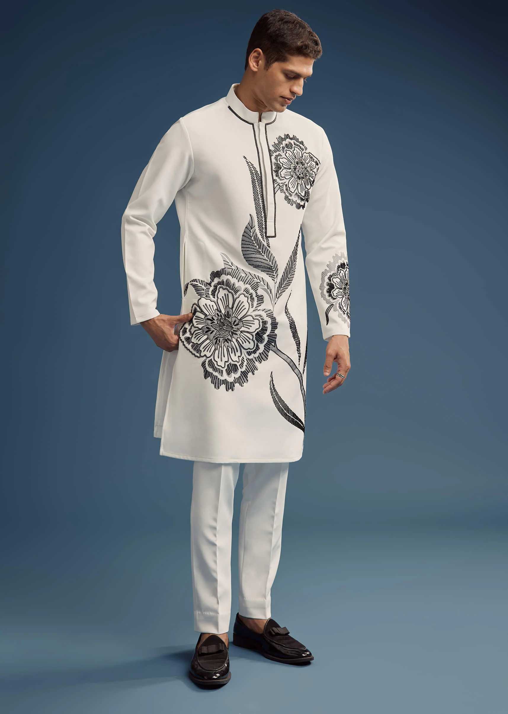 White Suiting Fabric Kurta Set For Men With Floral Print - Image 7
