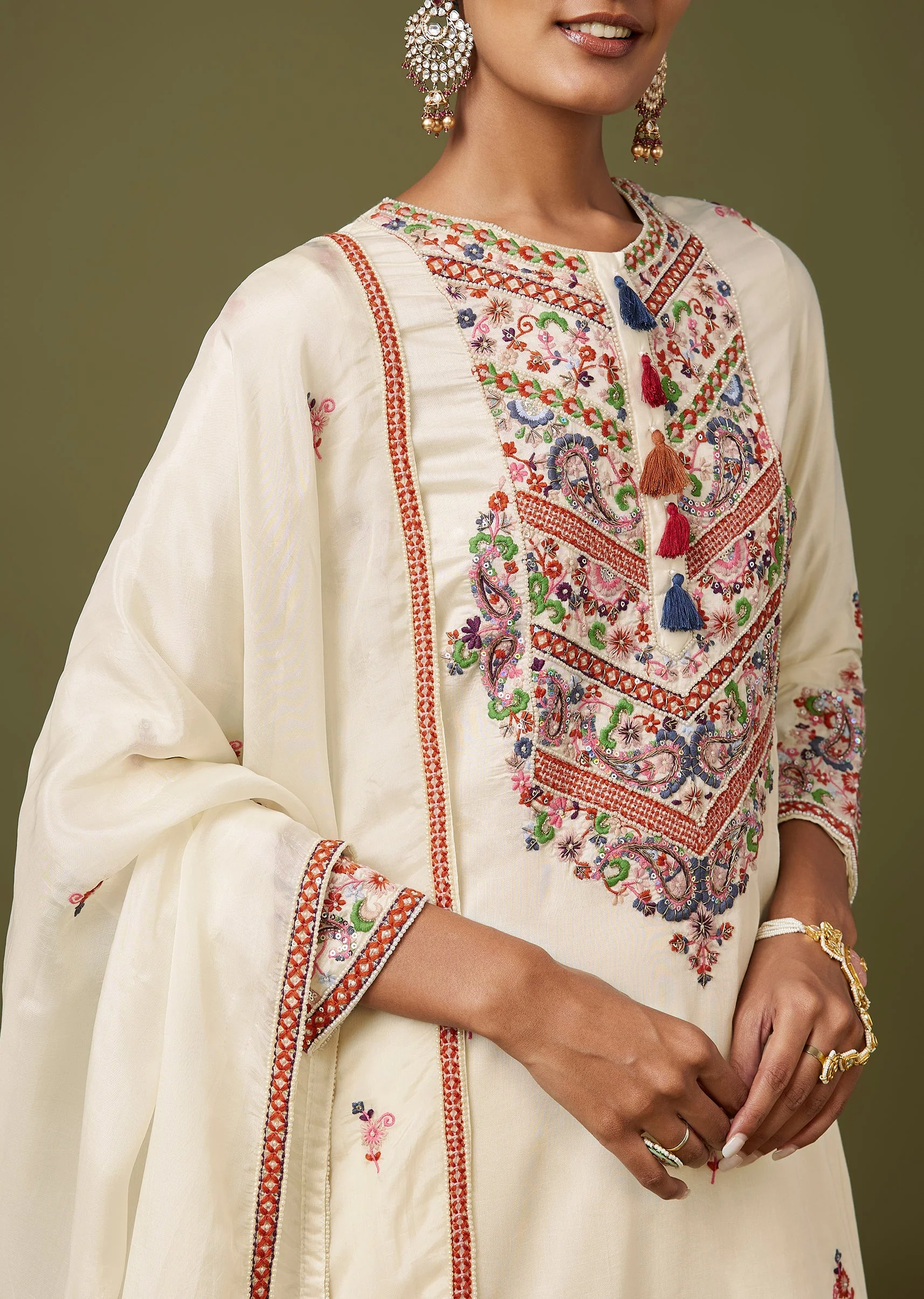 White Thread And Moti Work Palazzo Set - Image 2