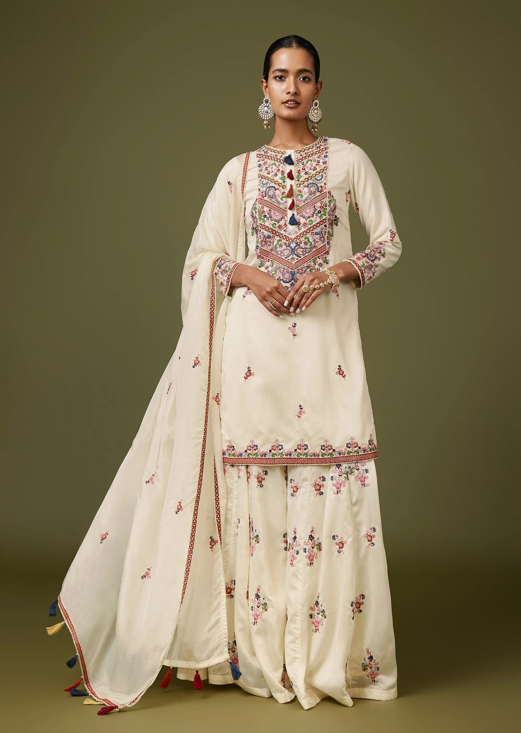 White Thread And Moti Work Palazzo Set - Image 3